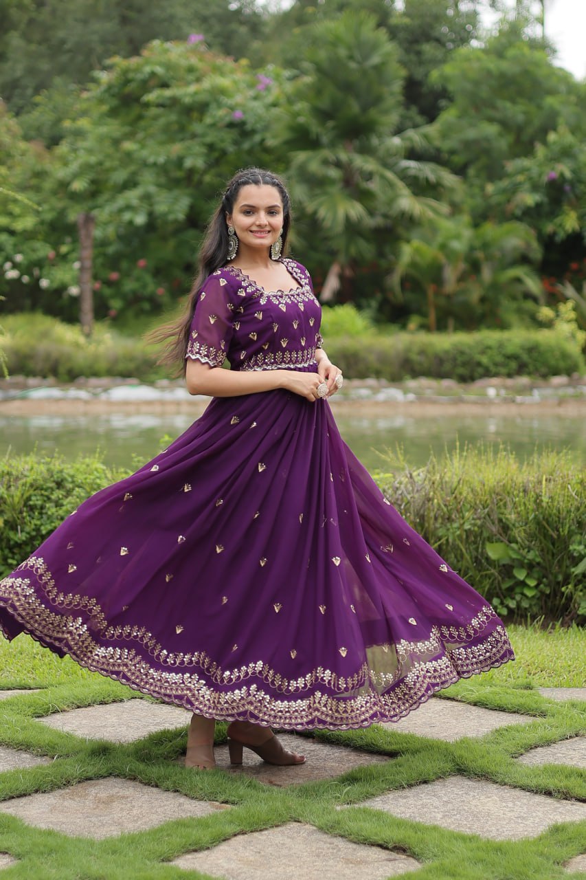 Striking Faux Georgette Zari Sequins Worked Stitched Gown - INDIAN ELEGANCE