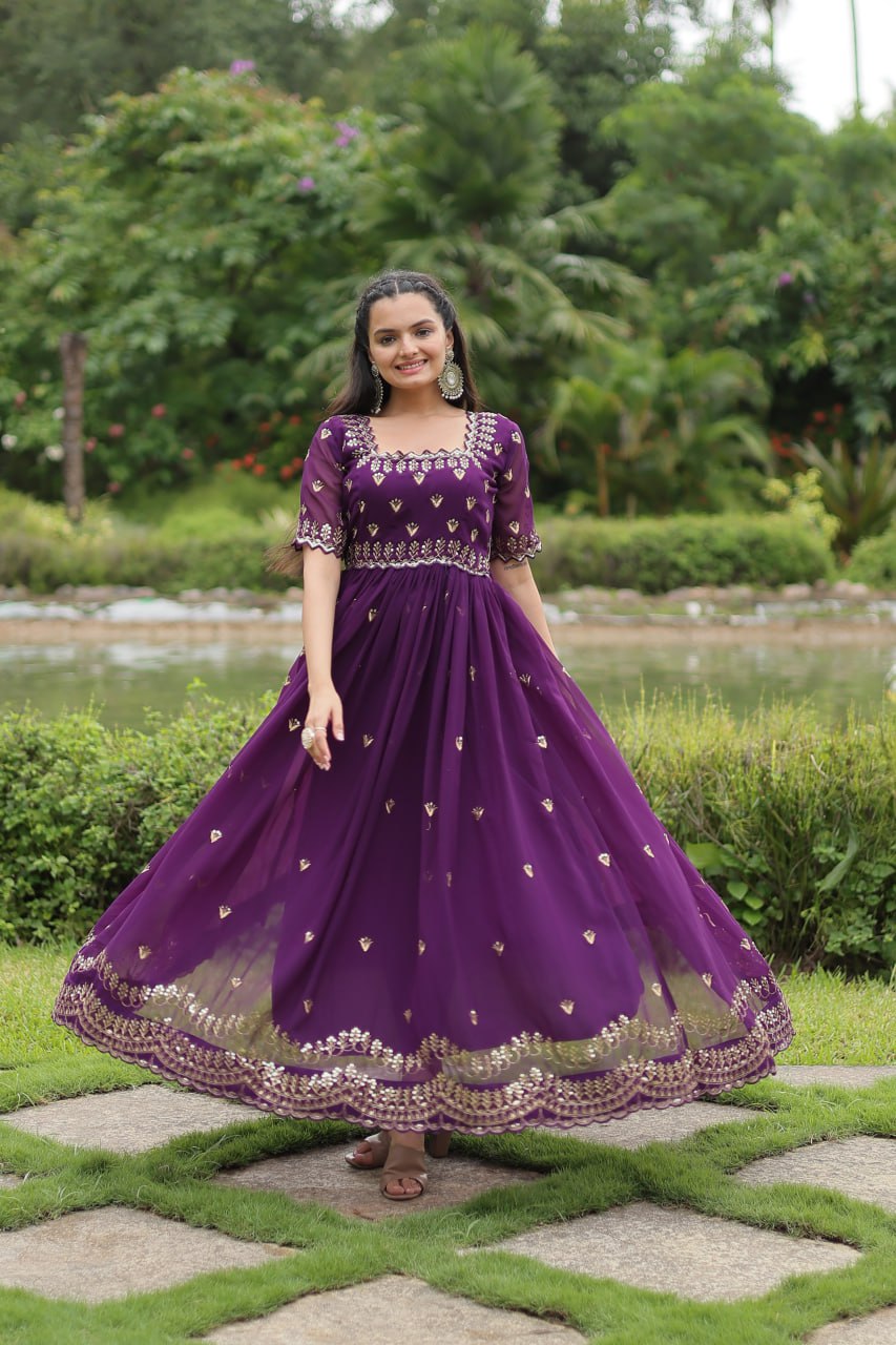 Striking Faux Georgette Zari Sequins Worked Stitched Gown - INDIAN ELEGANCE