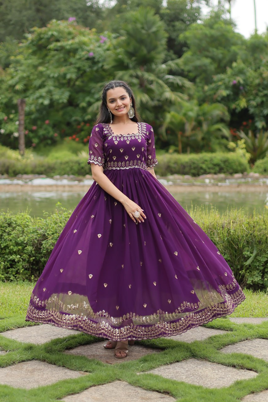 Striking Faux Georgette Zari Sequins Worked Stitched Gown - INDIAN ELEGANCE