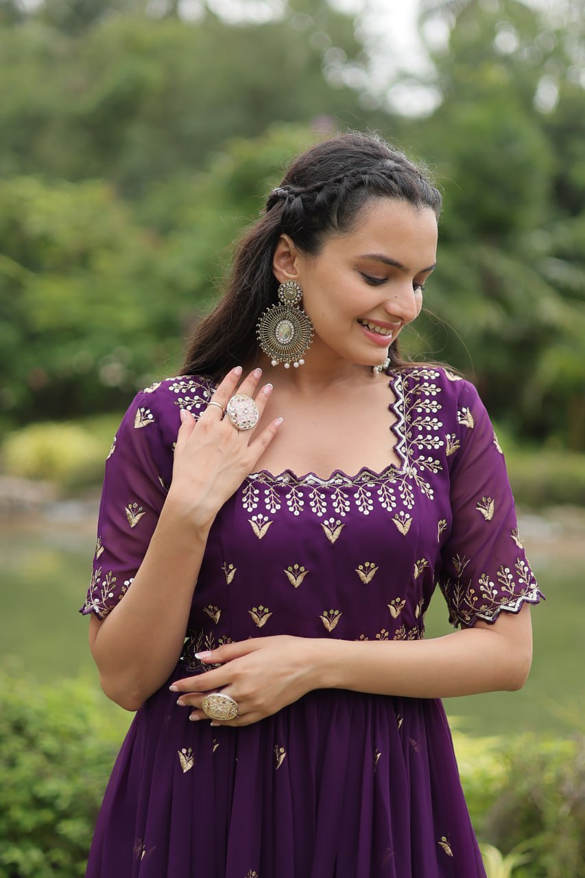Striking Faux Georgette Zari Sequins Worked Stitched Gown - INDIAN ELEGANCE