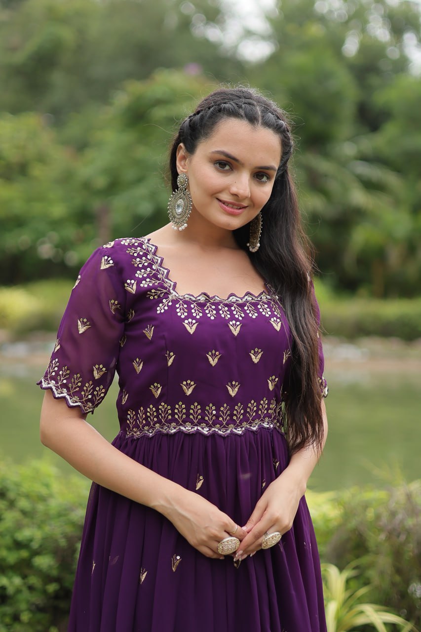 Striking Faux Georgette Zari Sequins Worked Stitched Gown - INDIAN ELEGANCE