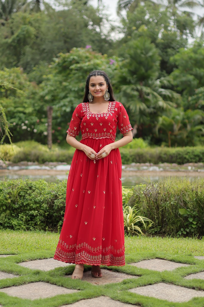 Striking Faux Georgette Zari Sequins Worked Stitched Gown - INDIAN ELEGANCE
