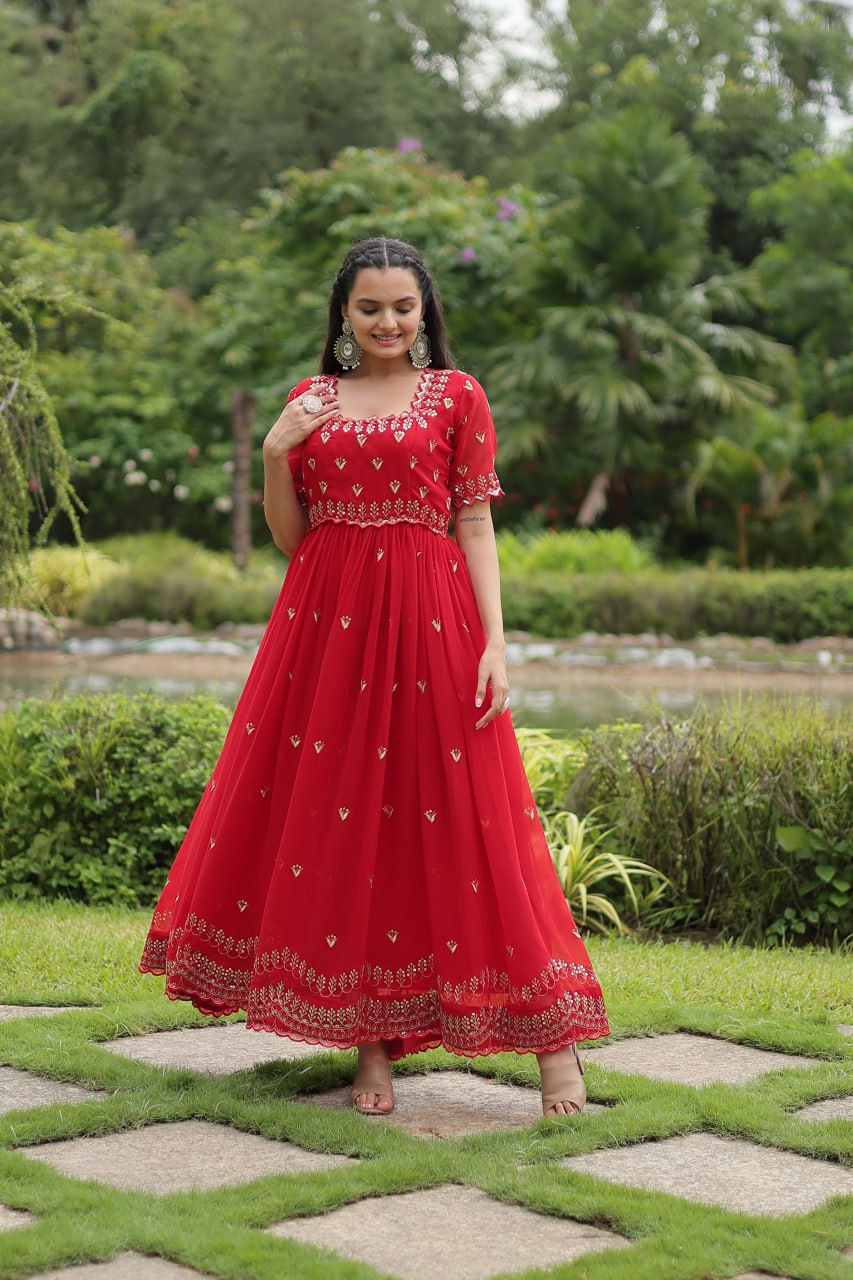 Striking Faux Georgette Zari Sequins Worked Stitched Gown - INDIAN ELEGANCE