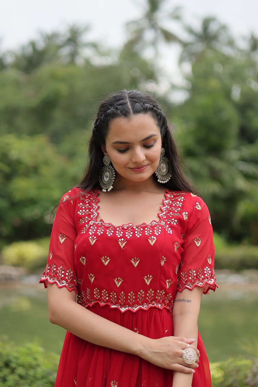 Striking Faux Georgette Zari Sequins Worked Stitched Gown - INDIAN ELEGANCE