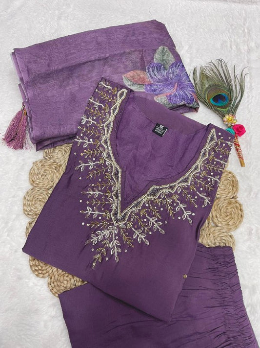 Fabulous Light Purple Roman Silk Handworked Kurta Pant Dupatta Set - INDIAN ELEGANCE
