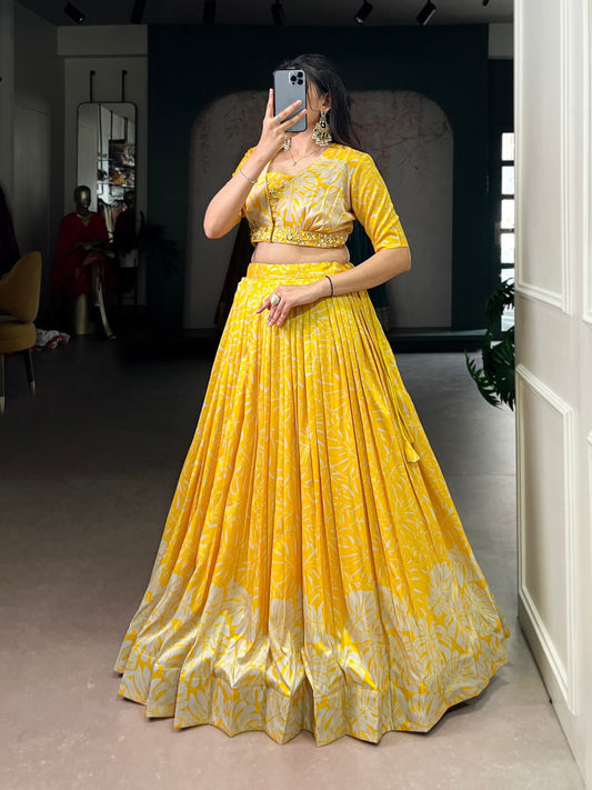 Yellow Tasar Silk Printed Lehenga Set with Handworked Blouse & Koti