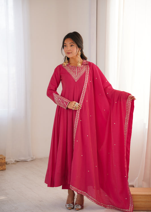 Luxury Wedding Wear Roman Shimmer Silk Anarkali Suit with Dupatta