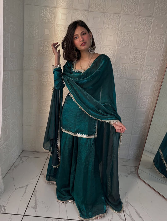 Designer Fandy Silk Kurta Palazzo Set With Dupatta For Wedding, Festive & Party Wear