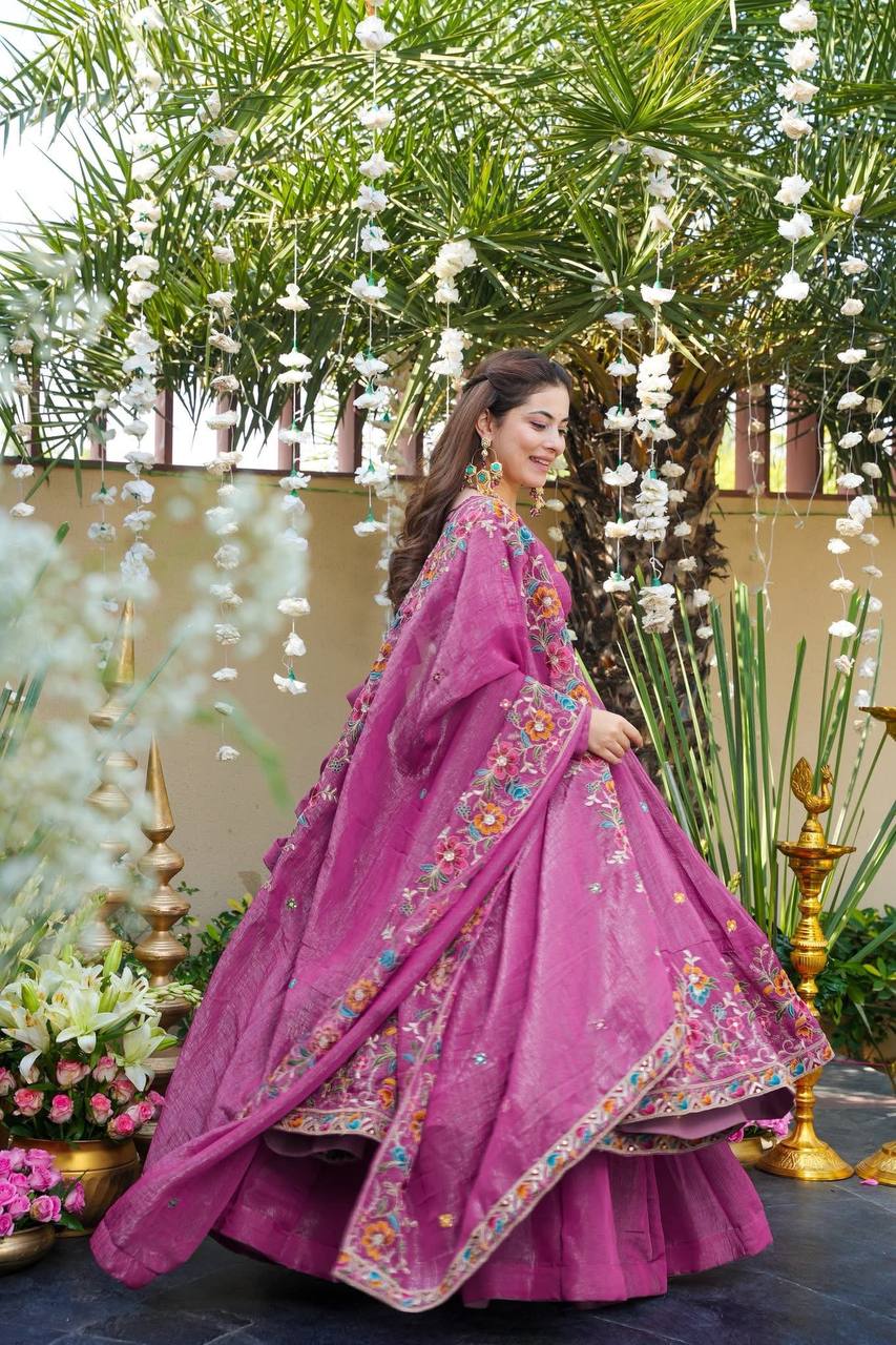 Festive Wear Soft Crunchy Silk Embroidered Gown Sharara Set with Dupatta