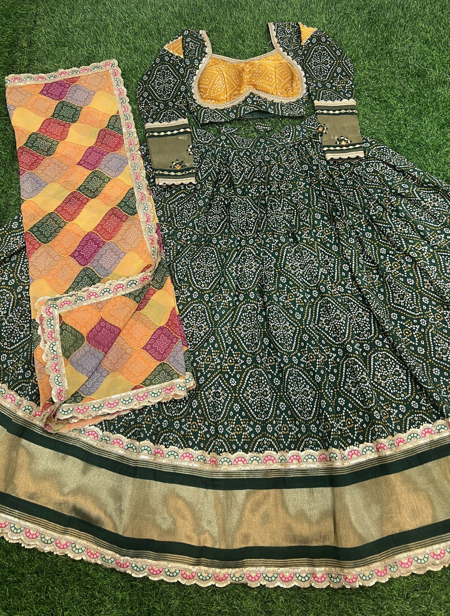 Alluring Green Gaji Silk Printed Zari Thread Sequins Worked Lehenga Choli - INDIAN ELEGANCE