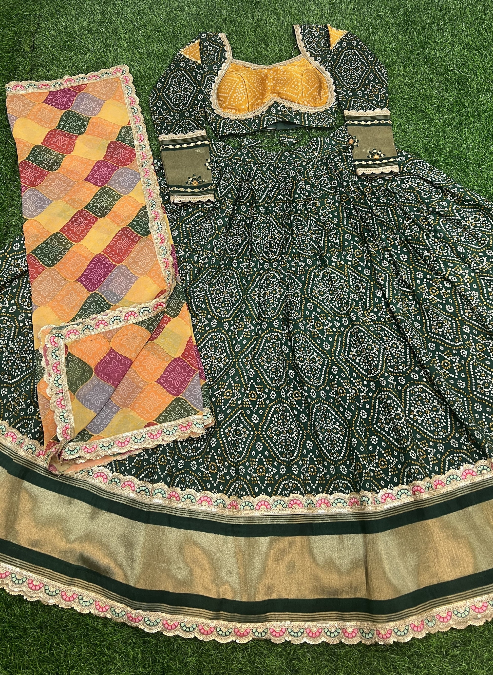 Alluring Green Gaji Silk Printed Zari Thread Sequins Worked Lehenga Choli - INDIAN ELEGANCE