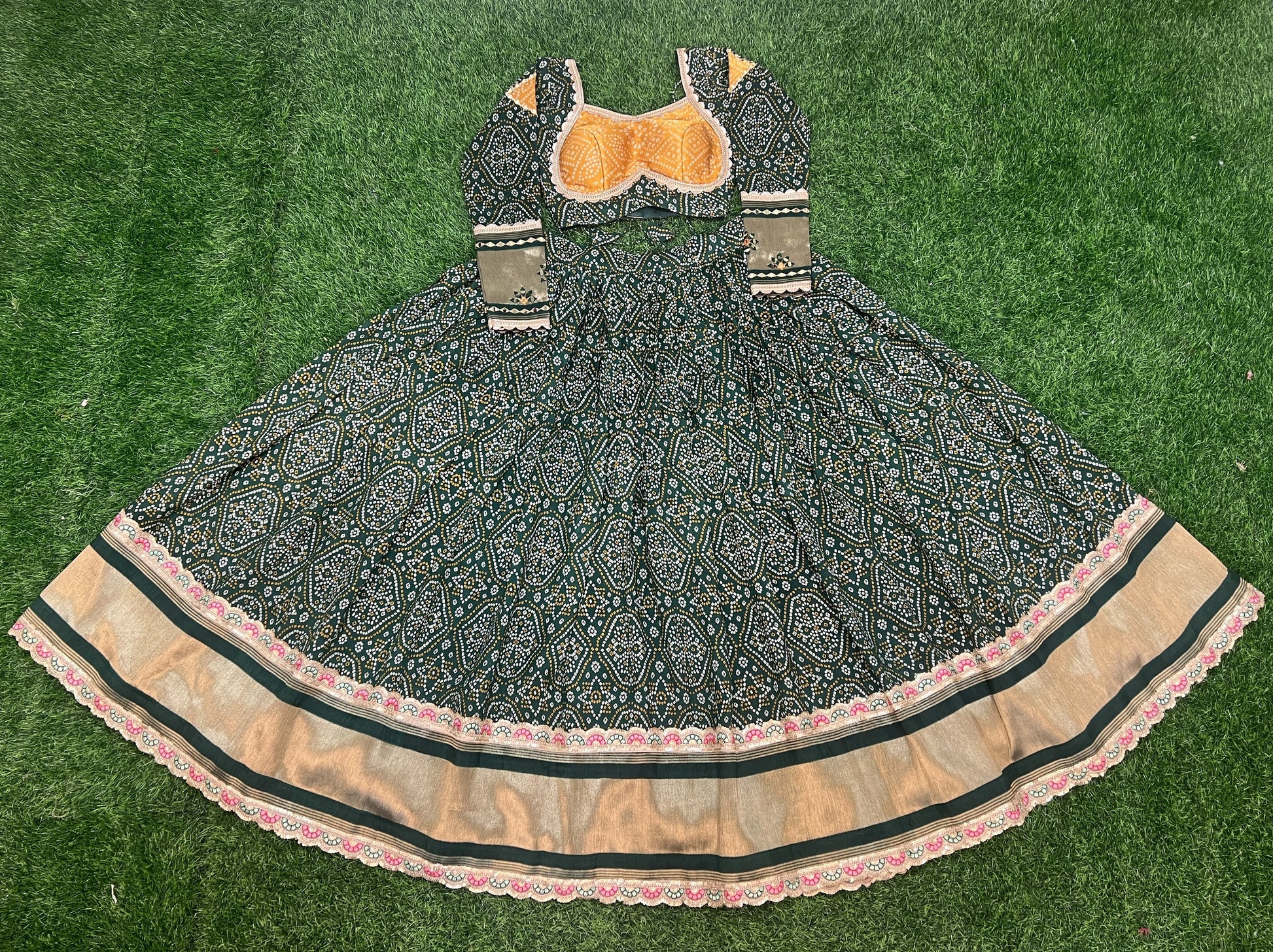 Alluring Green Gaji Silk Printed Zari Thread Sequins Worked Lehenga Choli - INDIAN ELEGANCE