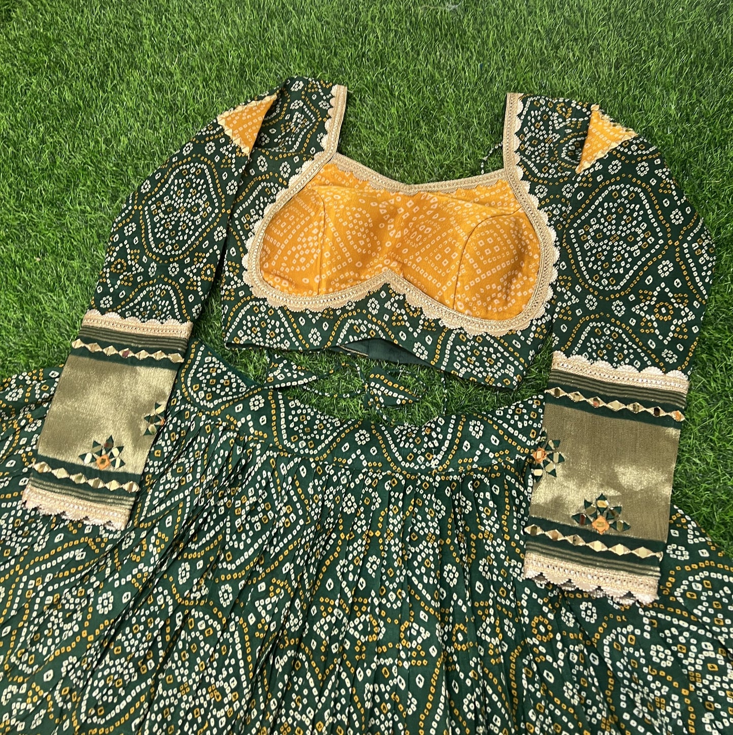 Alluring Green Gaji Silk Printed Zari Thread Sequins Worked Lehenga Choli - INDIAN ELEGANCE