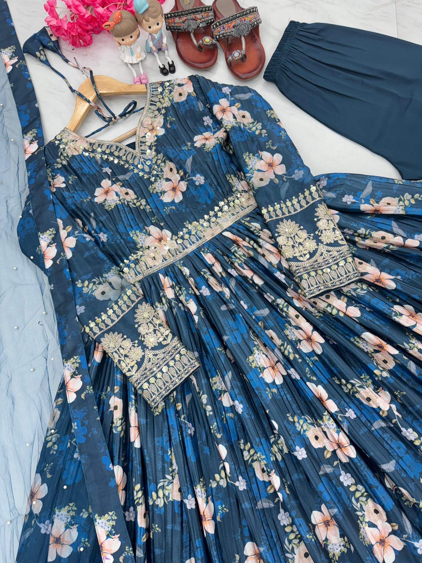 Lovely Floral Digital Printed Sequins Embroidered Crush Chinon Silk Suit - INDIAN ELEGANCE