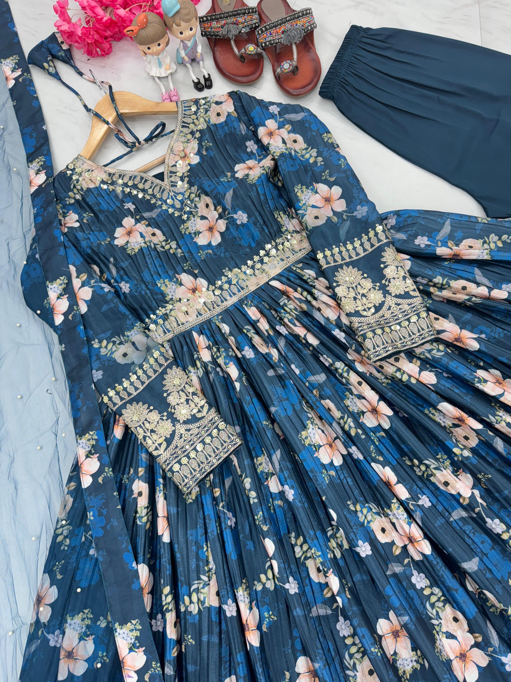 Lovely Floral Digital Printed Sequins Embroidered Crush Chinon Silk Suit - INDIAN ELEGANCE