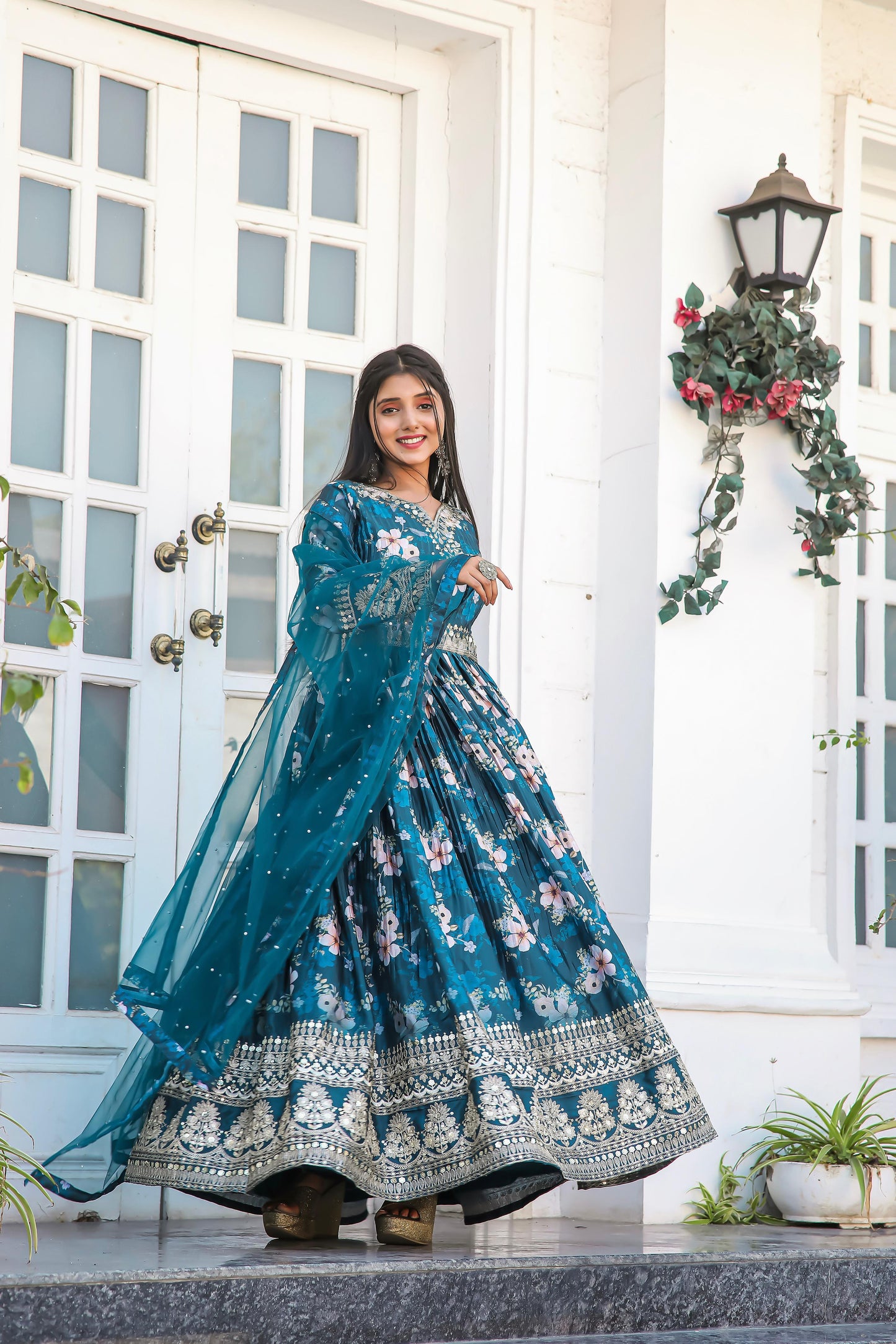 Lovely Floral Digital Printed Sequins Embroidered Crush Chinon Silk Suit - INDIAN ELEGANCE