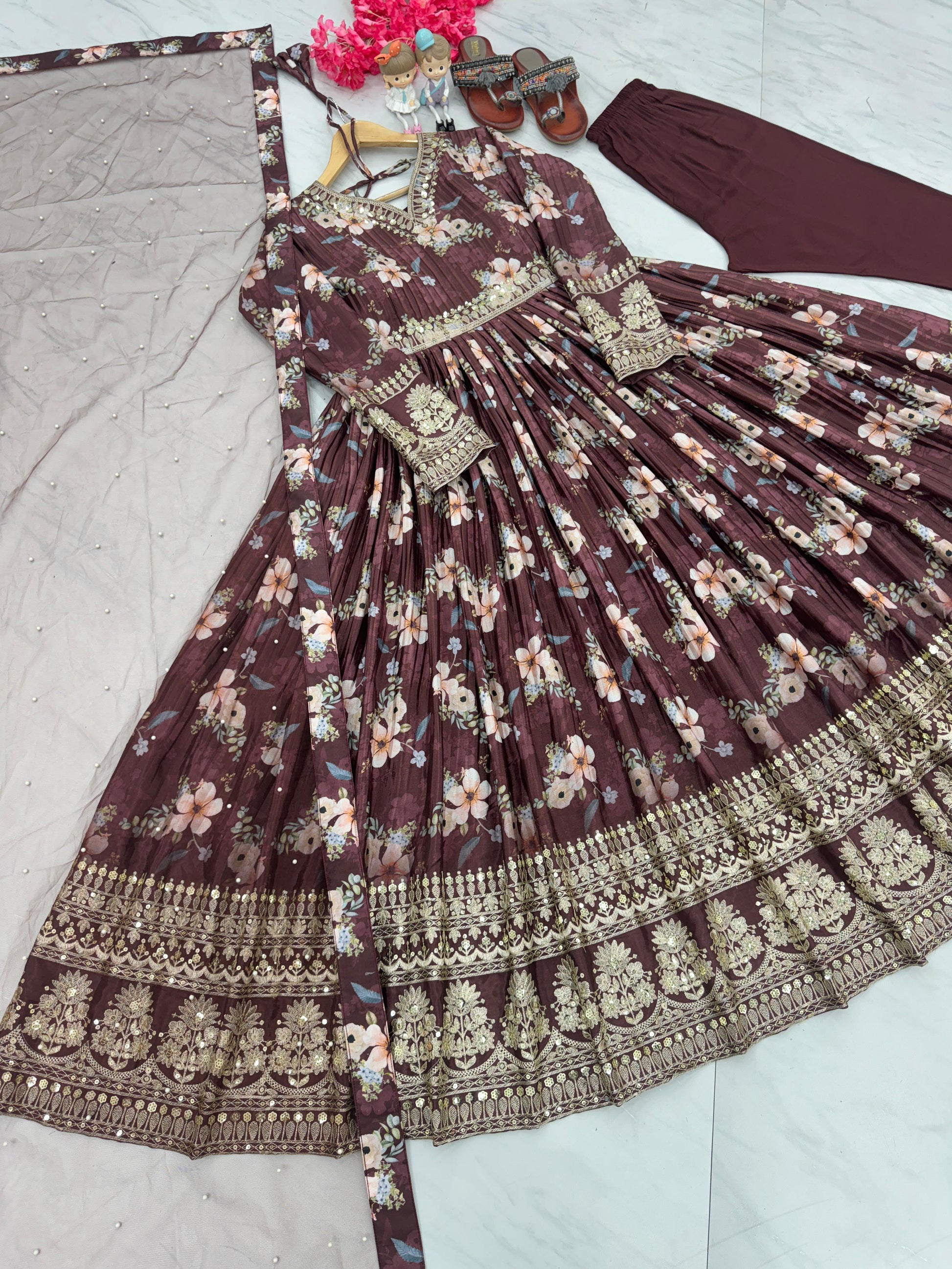 Lovely Floral Digital Printed Sequins Embroidered Crush Chinon Silk Suit - INDIAN ELEGANCE