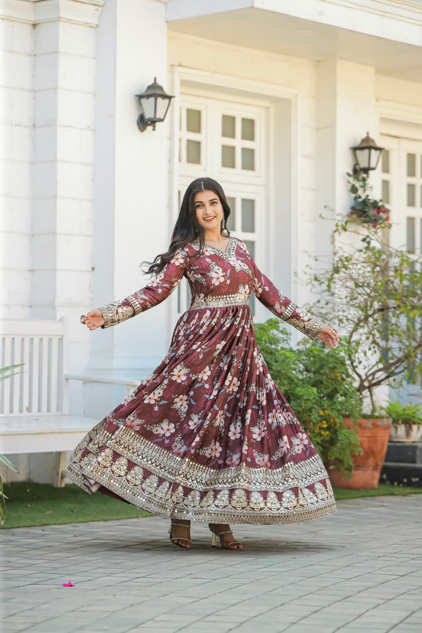 Lovely Floral Digital Printed Sequins Embroidered Crush Chinon Silk Suit - INDIAN ELEGANCE