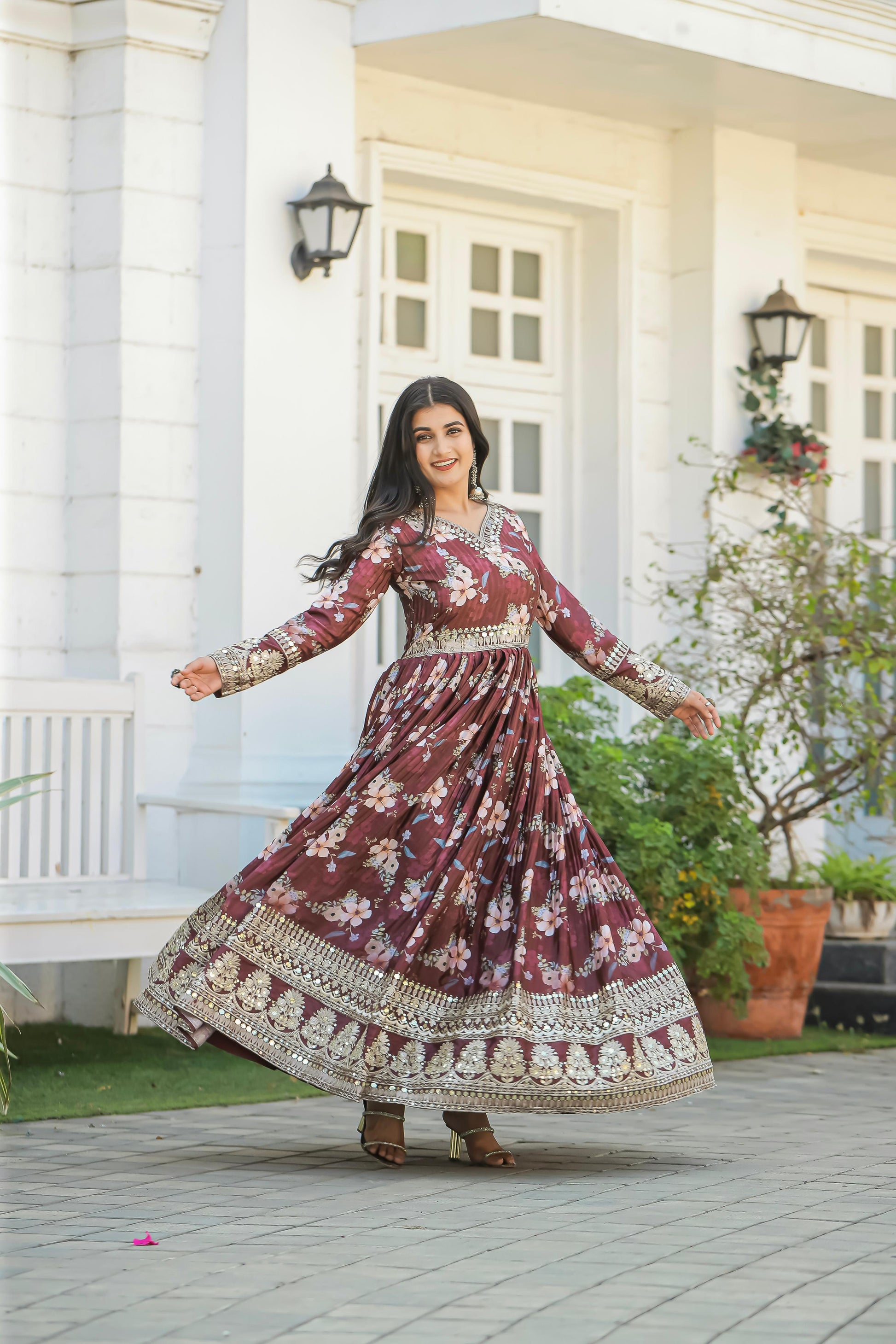 Lovely Floral Digital Printed Sequins Embroidered Crush Chinon Silk Suit - INDIAN ELEGANCE