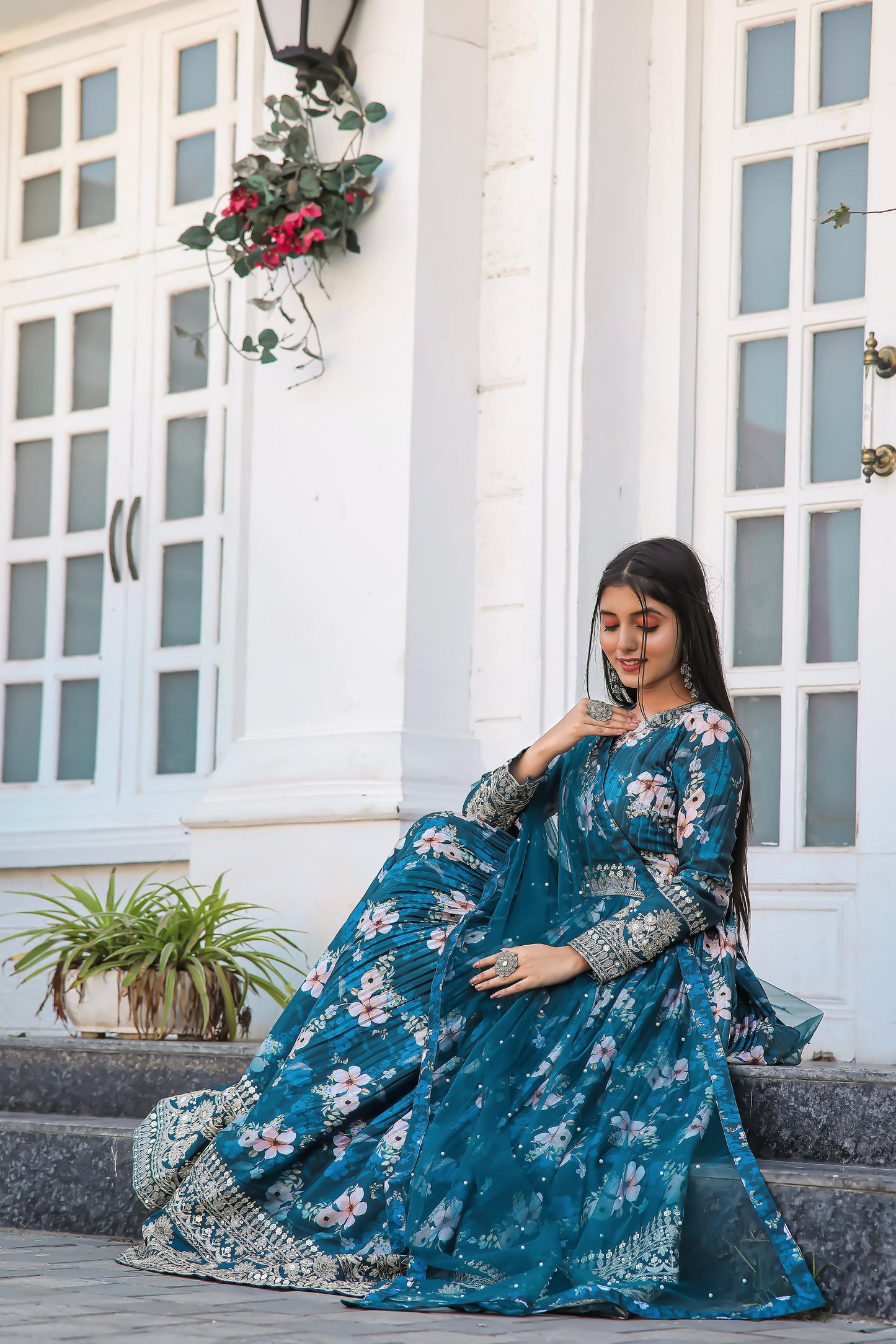 Lovely Floral Digital Printed Sequins Embroidered Crush Chinon Silk Suit - INDIAN ELEGANCE