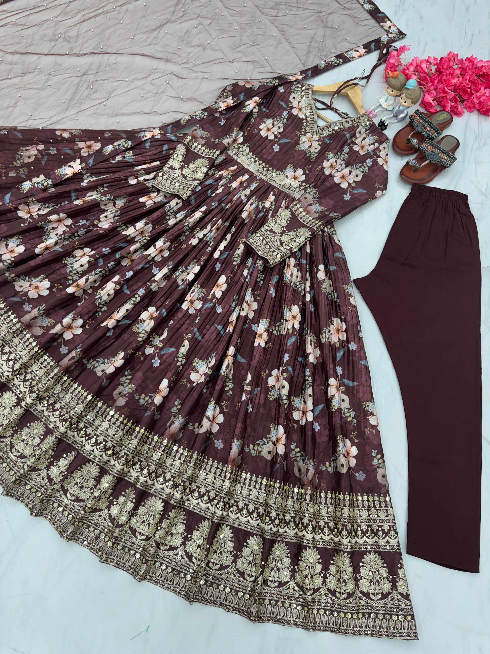 Lovely Floral Digital Printed Sequins Embroidered Crush Chinon Silk Suit - INDIAN ELEGANCE