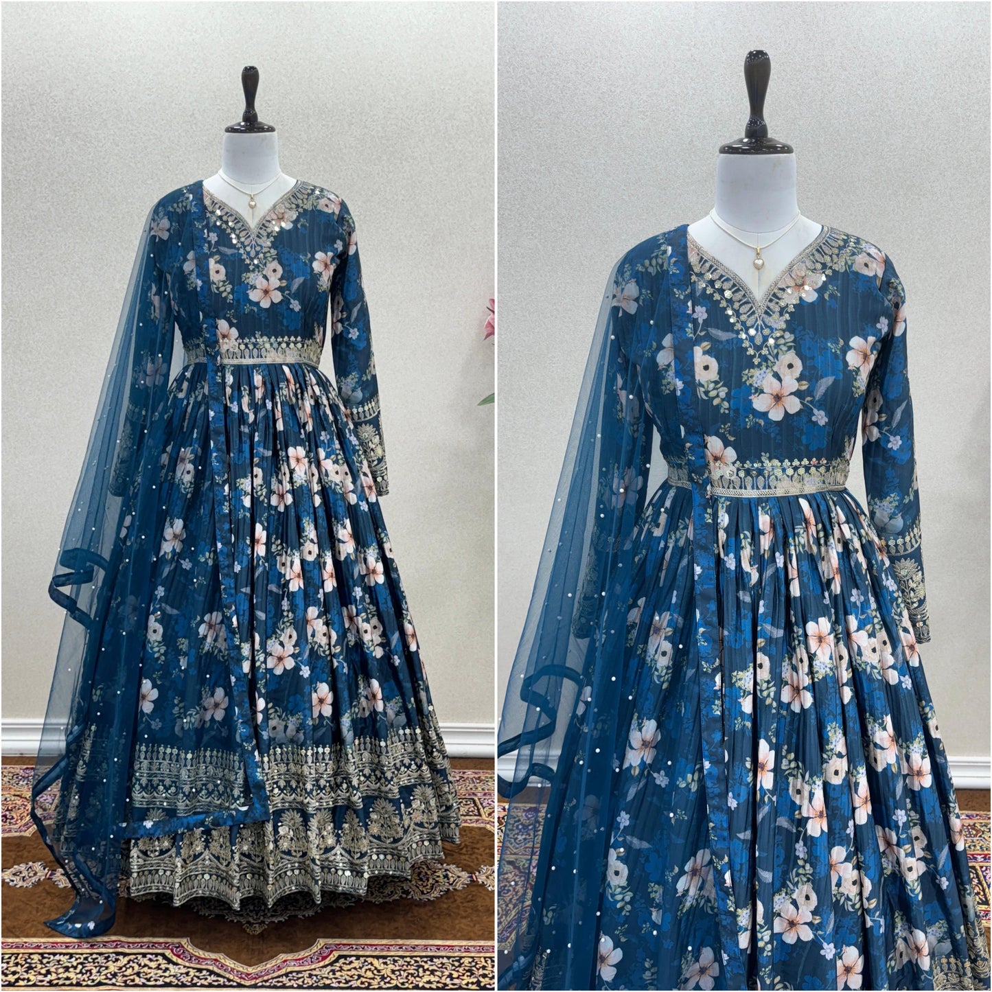 Lovely Floral Digital Printed Sequins Embroidered Crush Chinon Silk Suit - INDIAN ELEGANCE