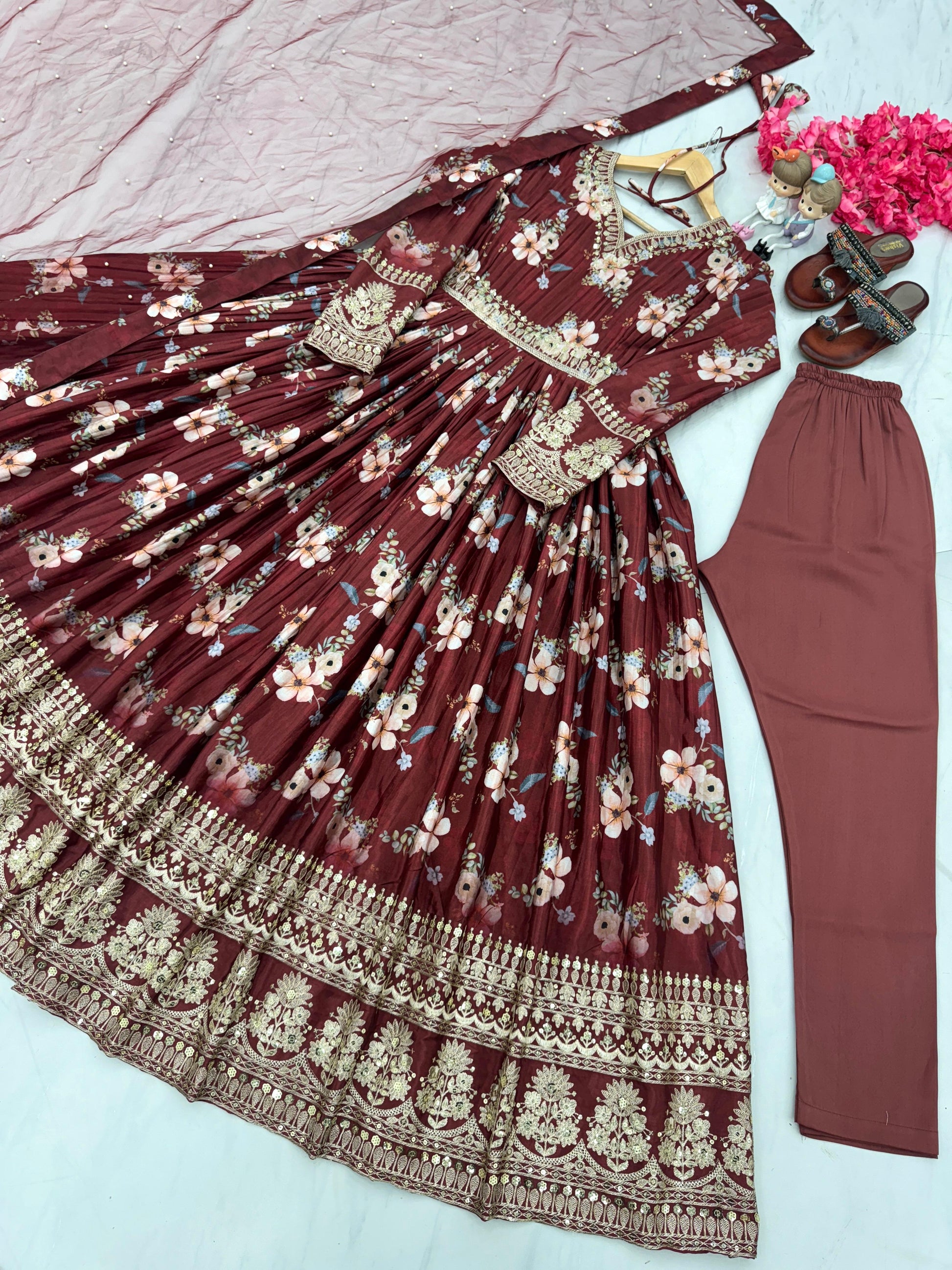 Lovely Floral Digital Printed Sequins Embroidered Crush Chinon Silk Suit - INDIAN ELEGANCE