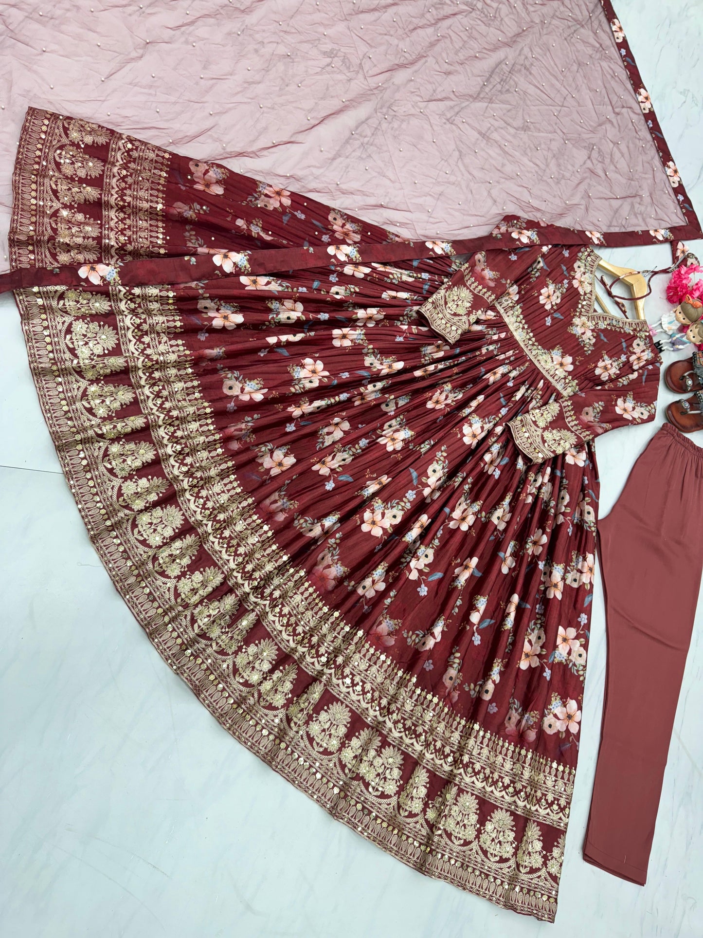 Lovely Floral Digital Printed Sequins Embroidered Crush Chinon Silk Suit - INDIAN ELEGANCE
