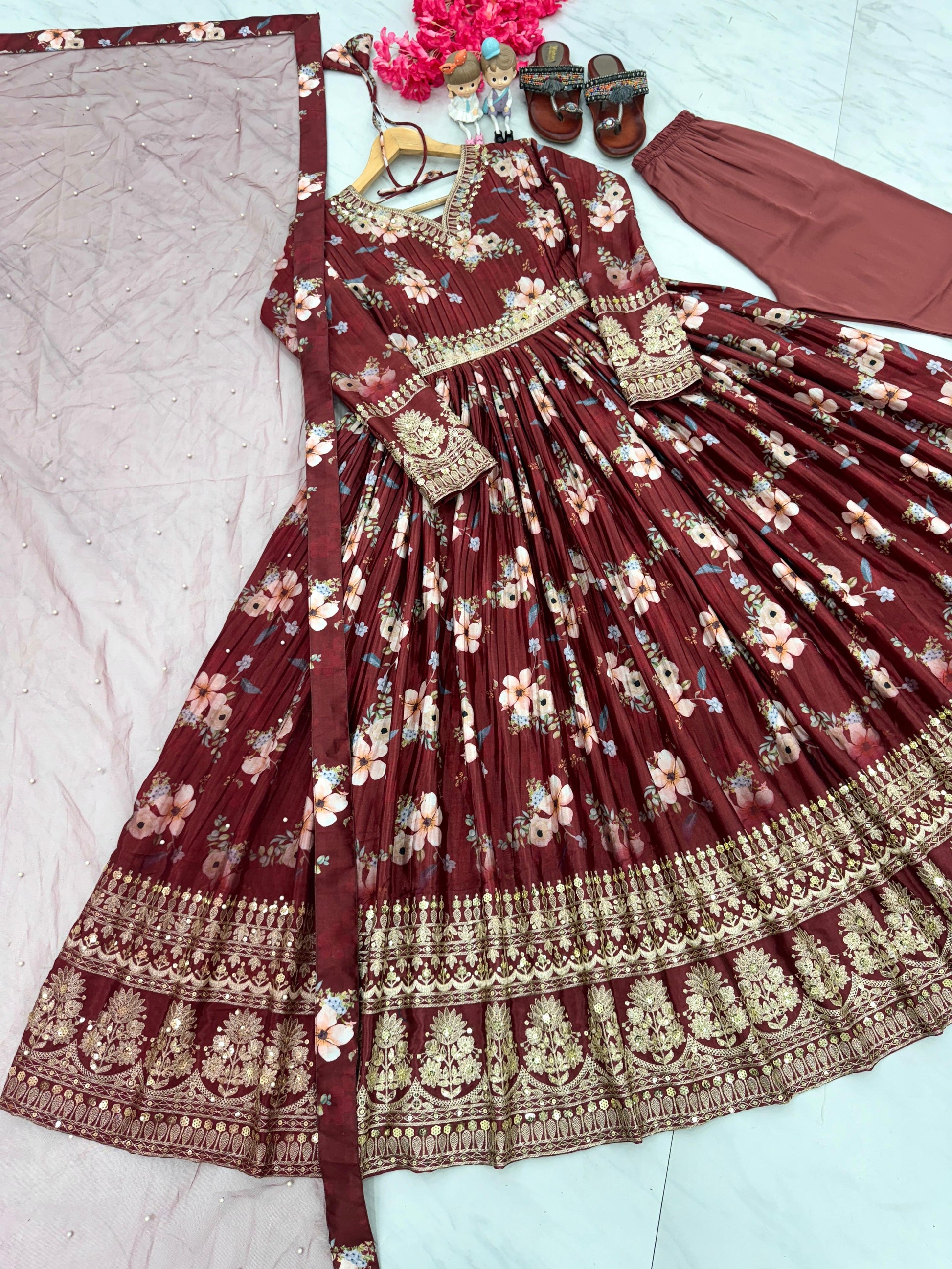 Lovely Floral Digital Printed Sequins Embroidered Crush Chinon Silk Suit - INDIAN ELEGANCE