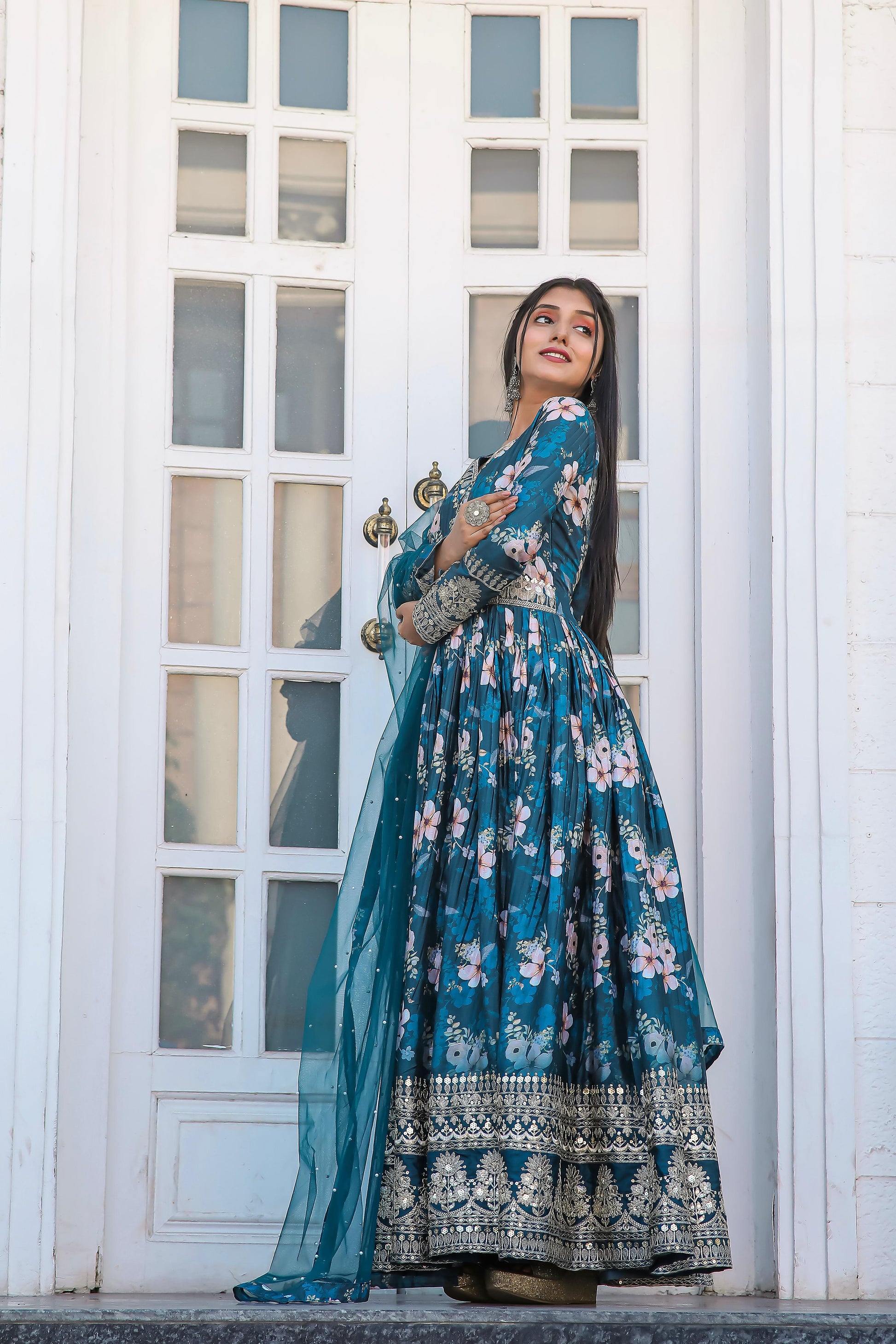 Lovely Floral Digital Printed Sequins Embroidered Crush Chinon Silk Suit - INDIAN ELEGANCE