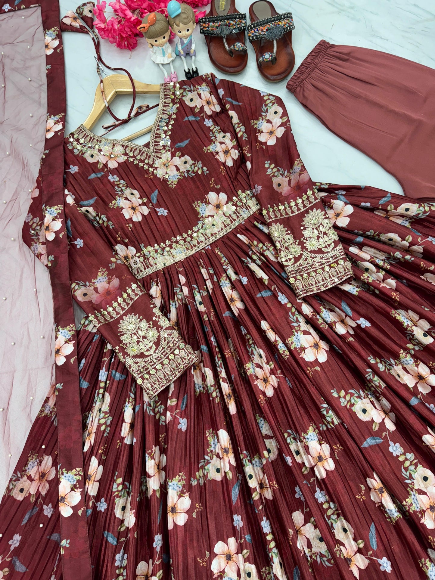 Lovely Floral Digital Printed Sequins Embroidered Crush Chinon Silk Suit - INDIAN ELEGANCE