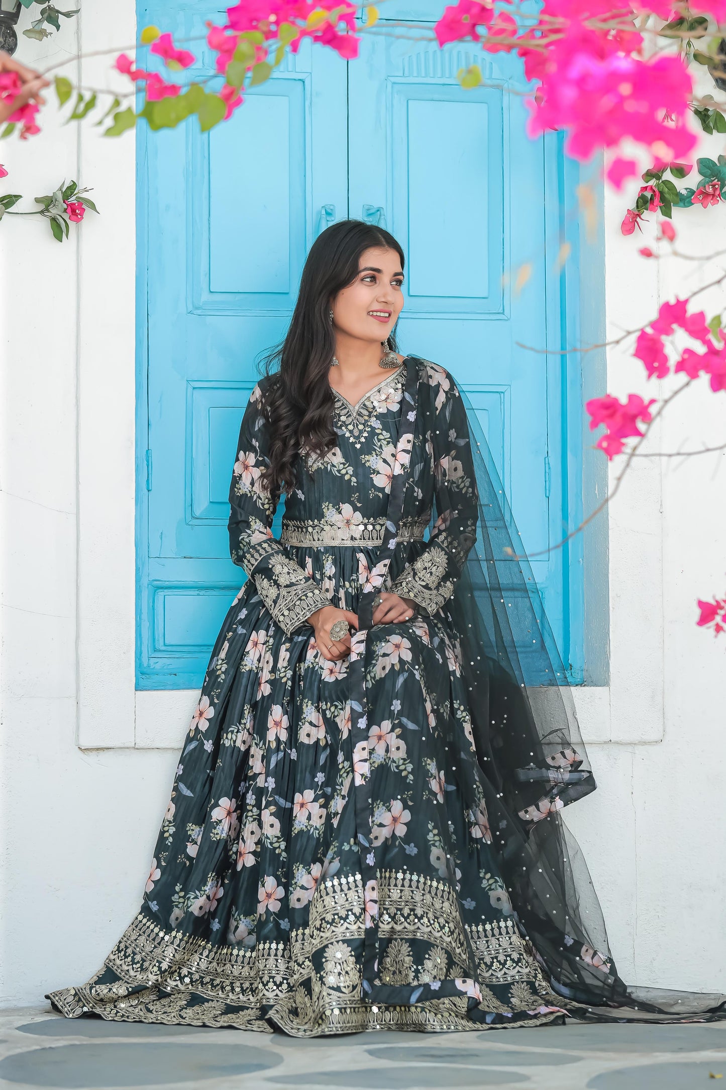 Lovely Floral Digital Printed Sequins Embroidered Crush Chinon Silk Suit - INDIAN ELEGANCE