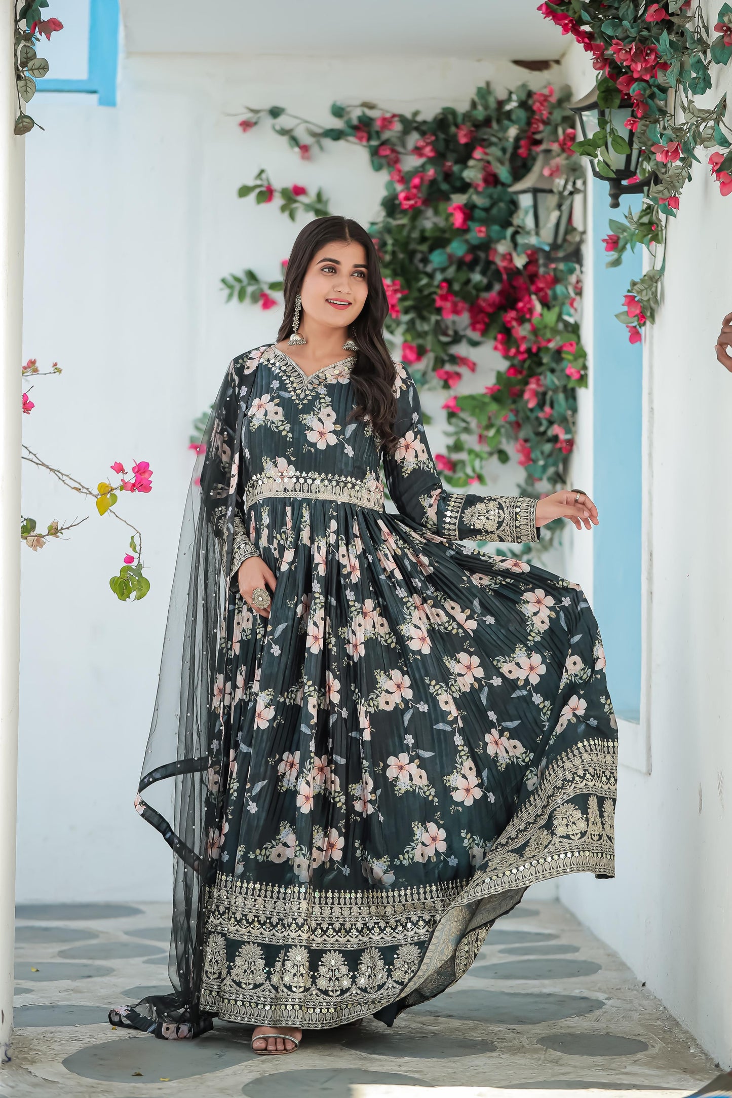Lovely Floral Digital Printed Sequins Embroidered Crush Chinon Silk Suit - INDIAN ELEGANCE