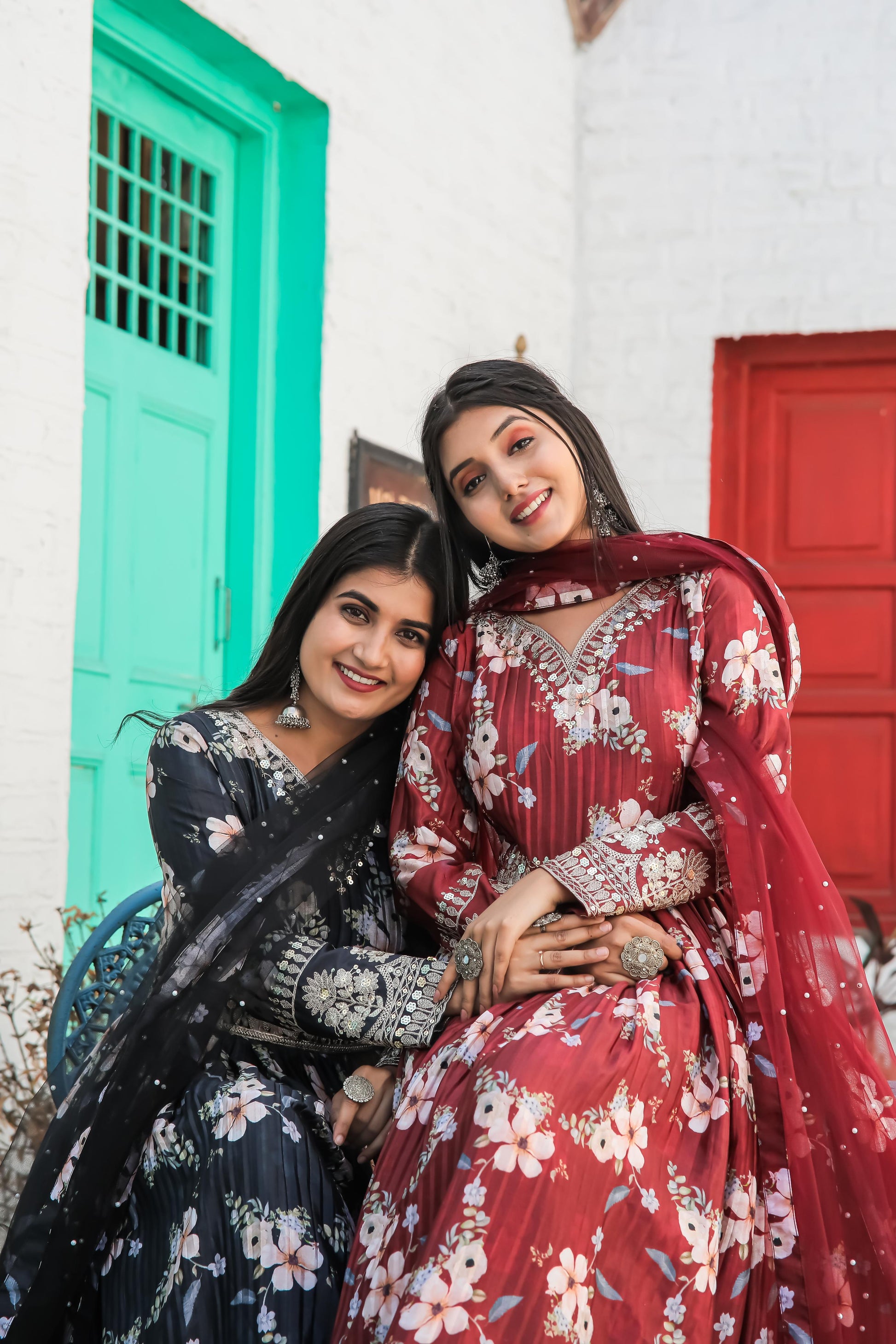 Lovely Floral Digital Printed Sequins Embroidered Crush Chinon Silk Suit - INDIAN ELEGANCE