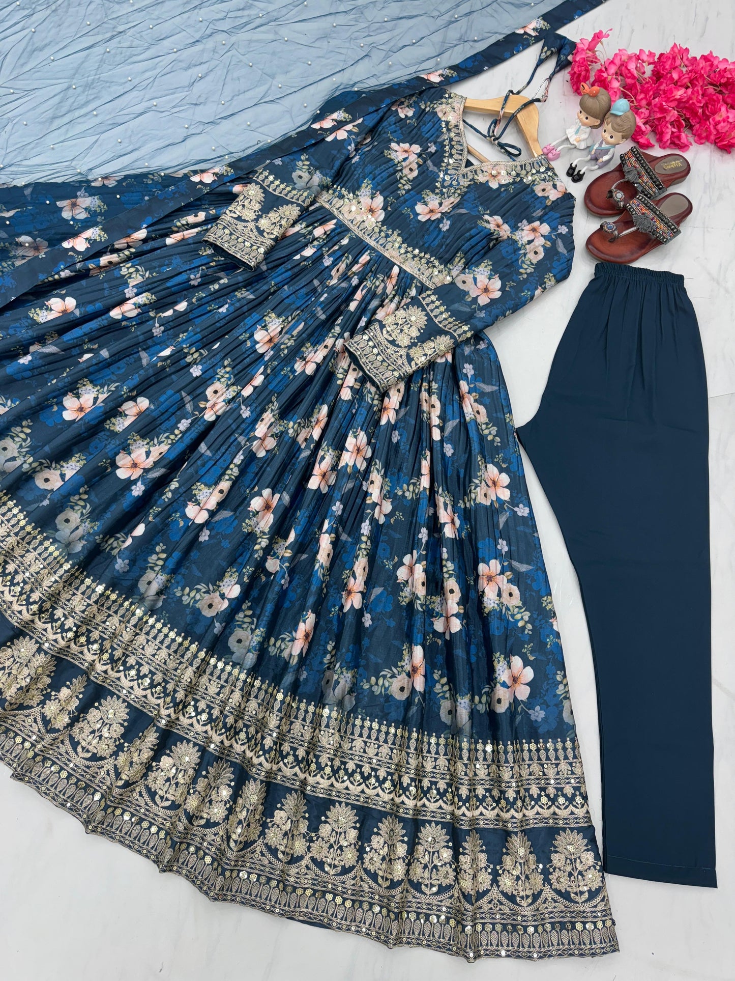 Lovely Floral Digital Printed Sequins Embroidered Crush Chinon Silk Suit - INDIAN ELEGANCE