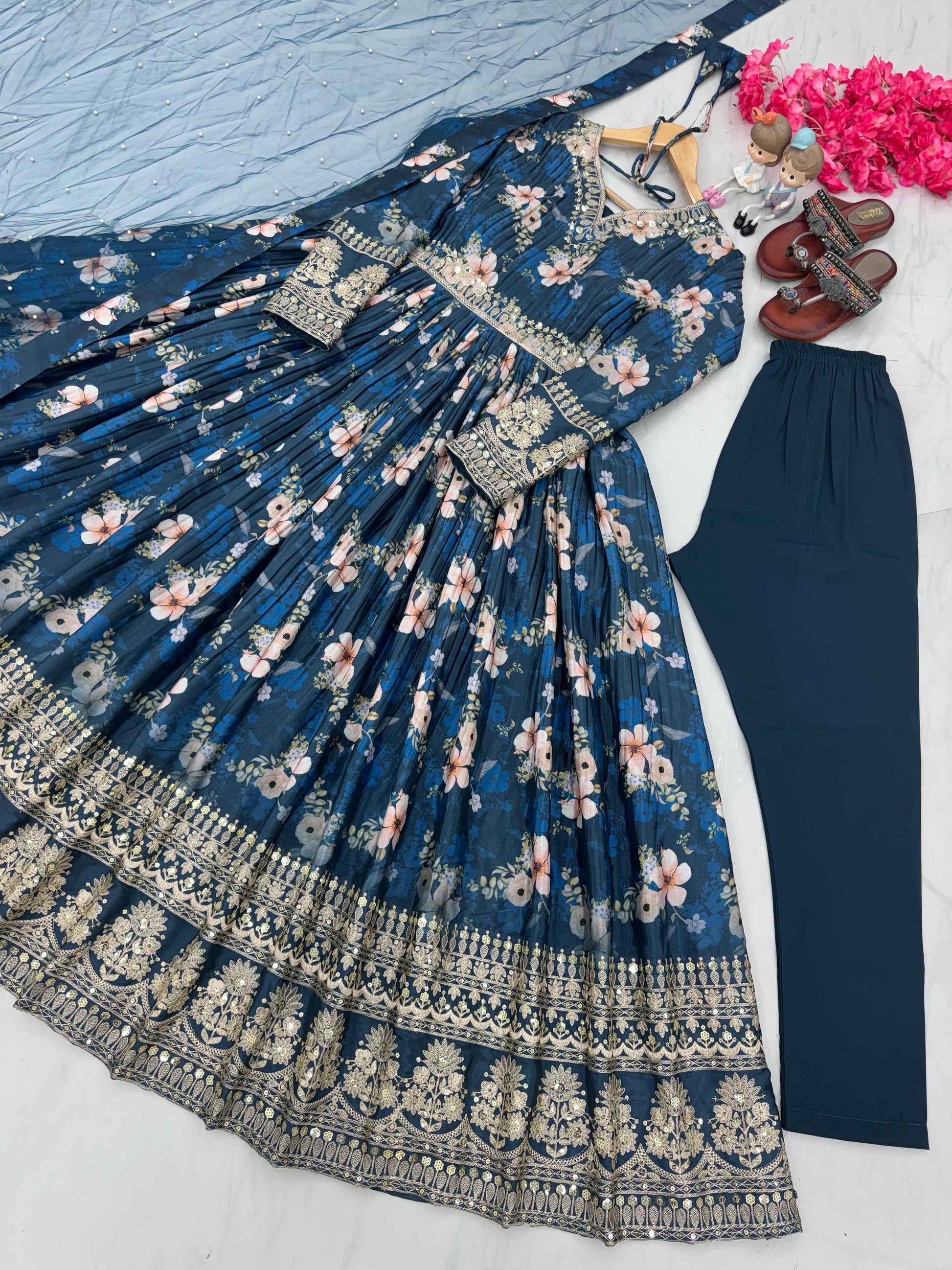 Lovely Floral Digital Printed Sequins Embroidered Crush Chinon Silk Suit - INDIAN ELEGANCE