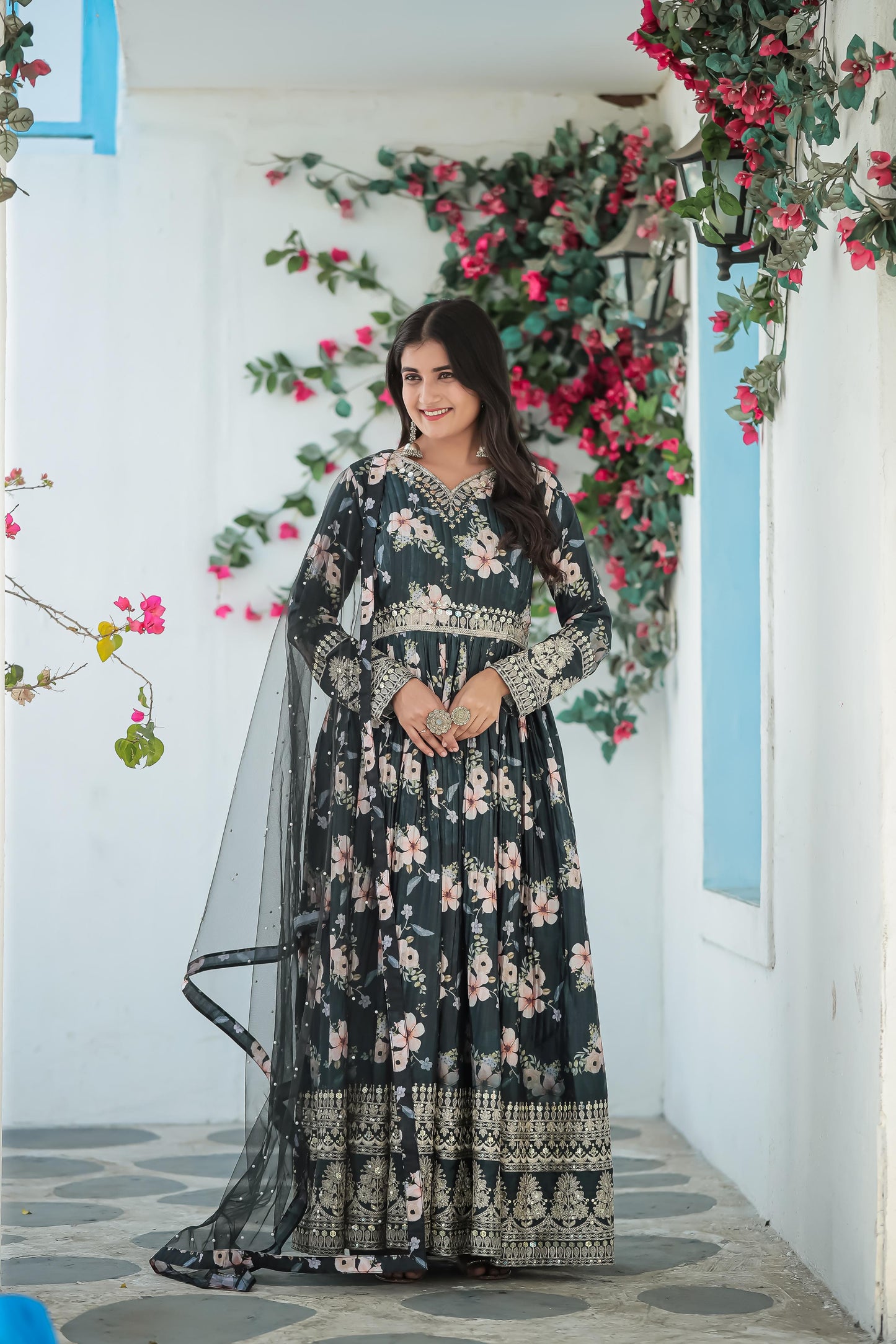Lovely Floral Digital Printed Sequins Embroidered Crush Chinon Silk Suit - INDIAN ELEGANCE