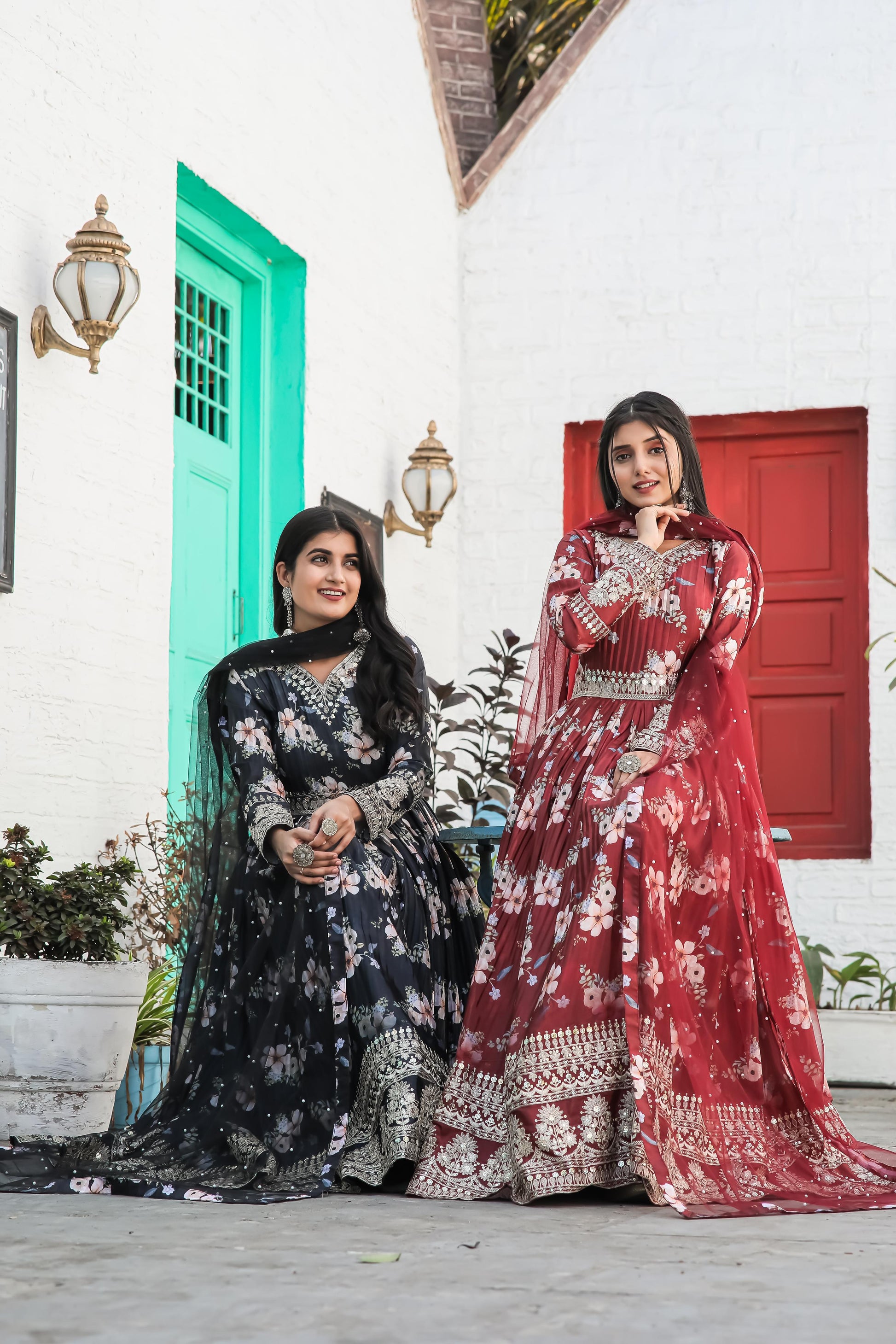 Lovely Floral Digital Printed Sequins Embroidered Crush Chinon Silk Suit - INDIAN ELEGANCE