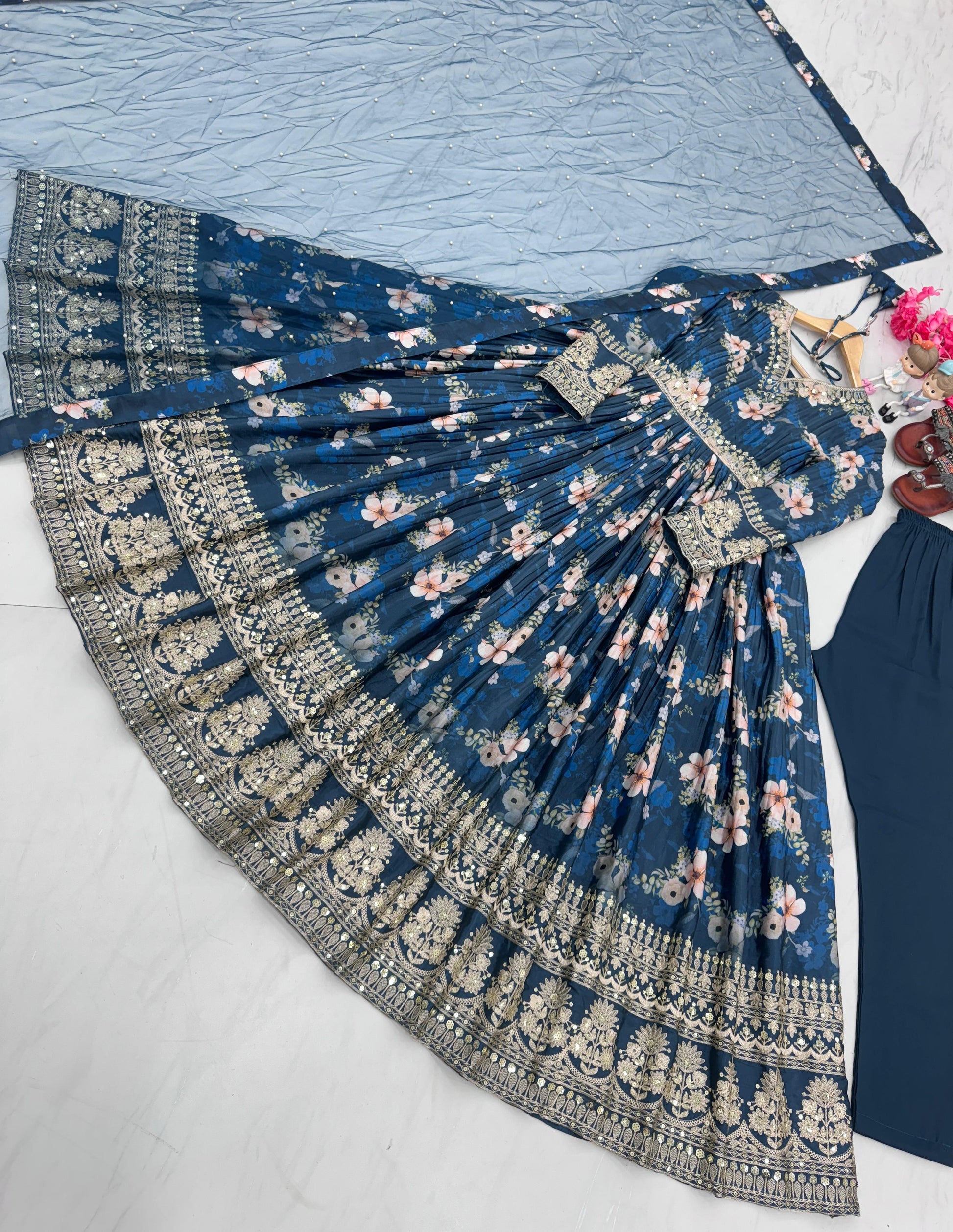Lovely Floral Digital Printed Sequins Embroidered Crush Chinon Silk Suit - INDIAN ELEGANCE