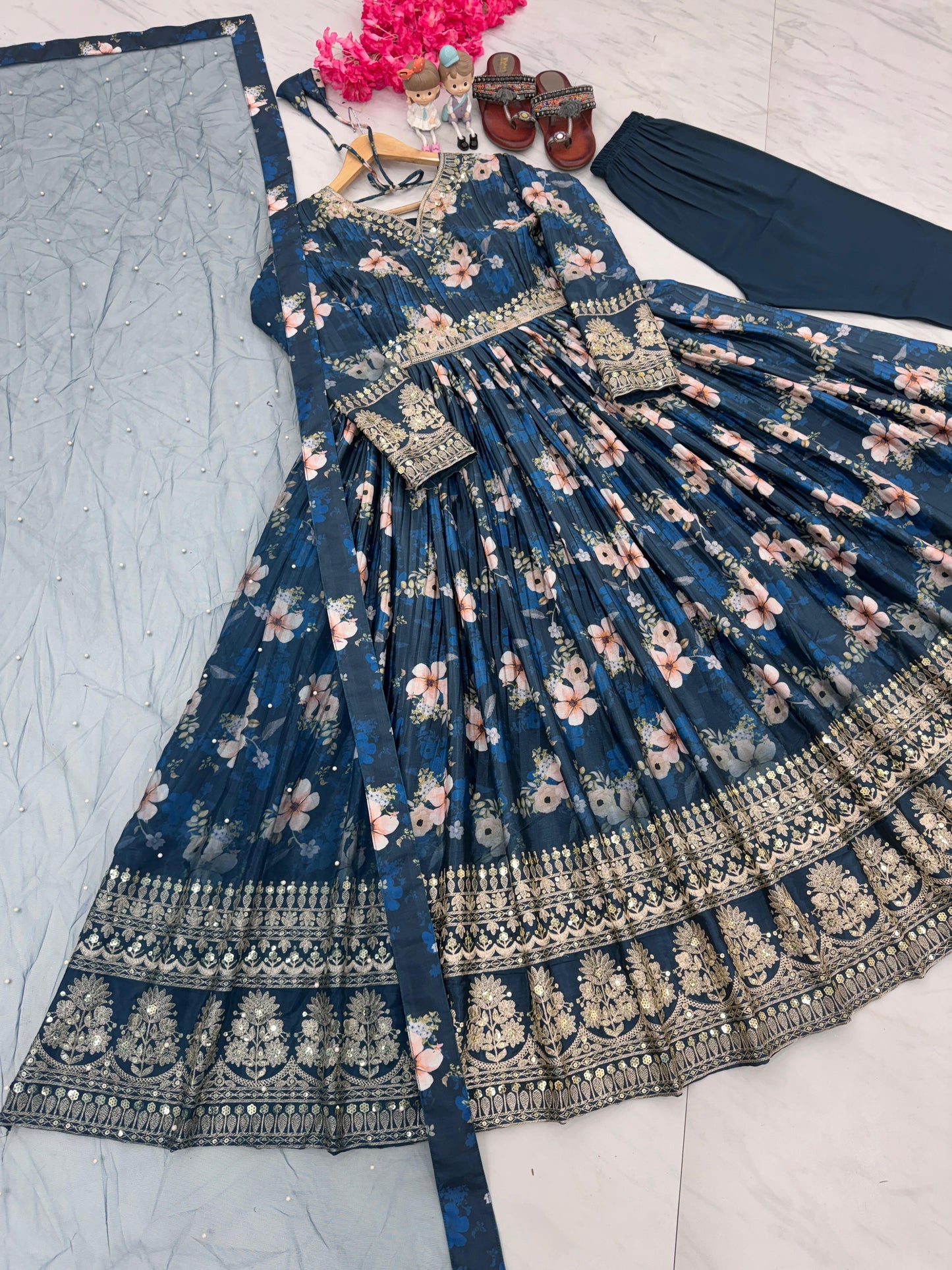 Lovely Floral Digital Printed Sequins Embroidered Crush Chinon Silk Suit - INDIAN ELEGANCE