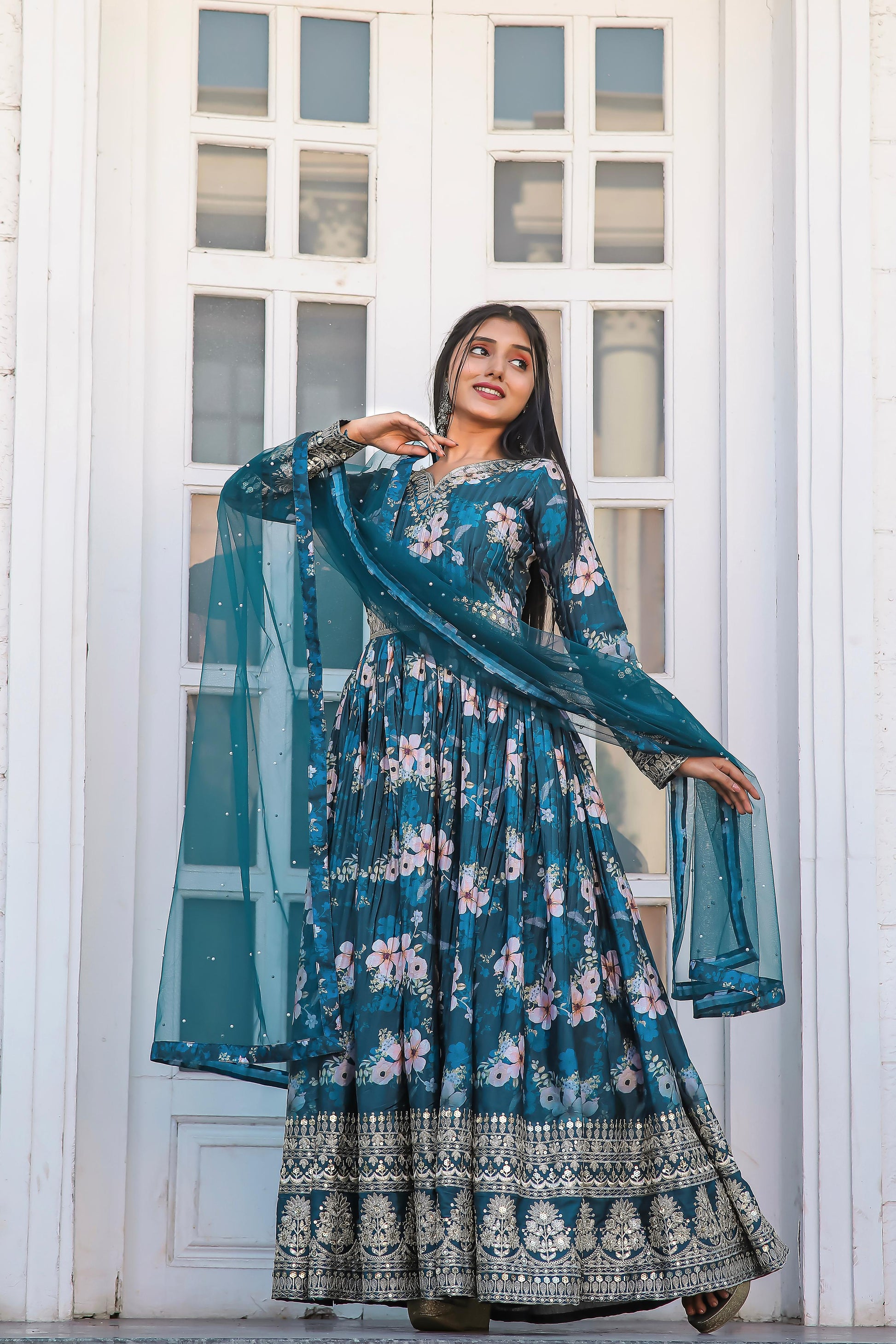 Lovely Floral Digital Printed Sequins Embroidered Crush Chinon Silk Suit - INDIAN ELEGANCE