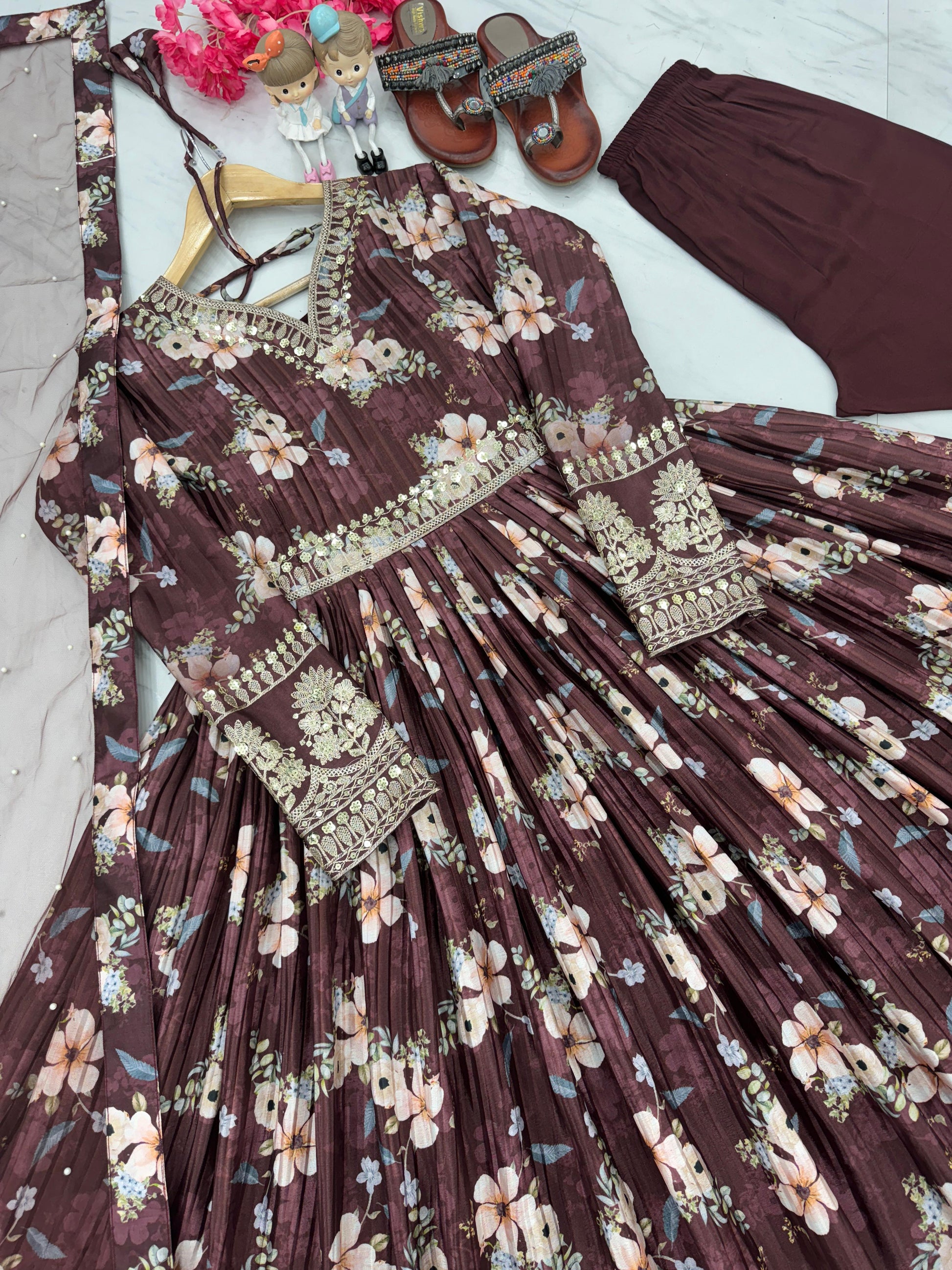 Lovely Floral Digital Printed Sequins Embroidered Crush Chinon Silk Suit - INDIAN ELEGANCE