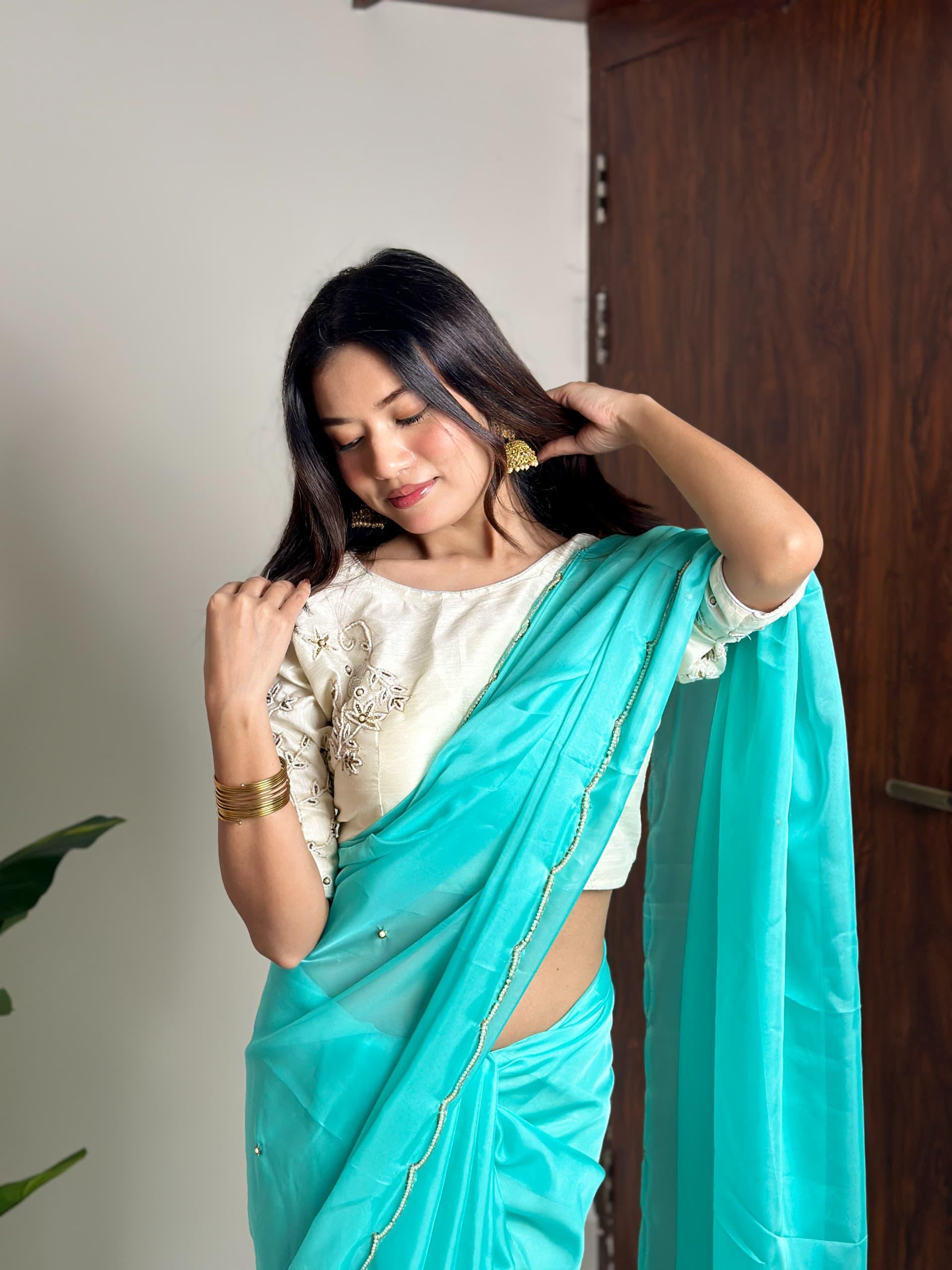 Alluring Soft Organza Saree With Stitched Handworked Blouse - INDIAN ELEGANCE