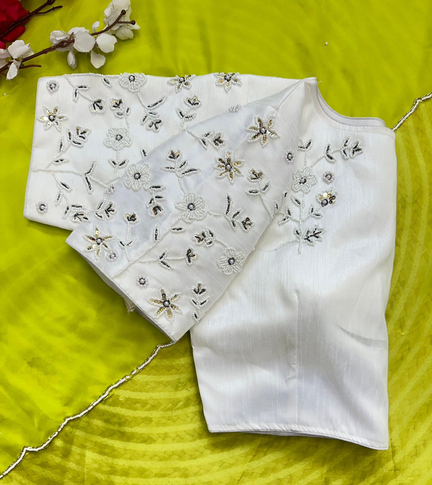 Alluring Soft Organza Saree With Stitched Handworked Blouse - INDIAN ELEGANCE