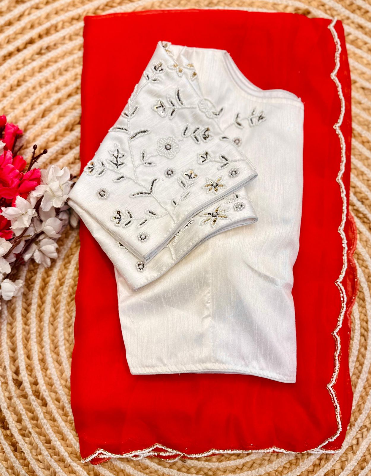 Alluring Soft Organza Saree With Stitched Handworked Blouse - INDIAN ELEGANCE