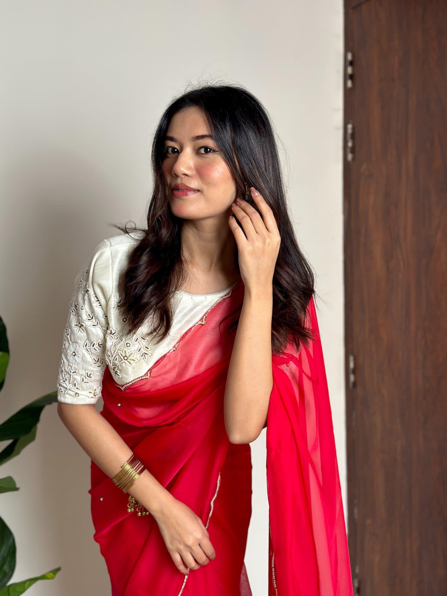 Alluring Soft Organza Saree With Stitched Handworked Blouse - INDIAN ELEGANCE