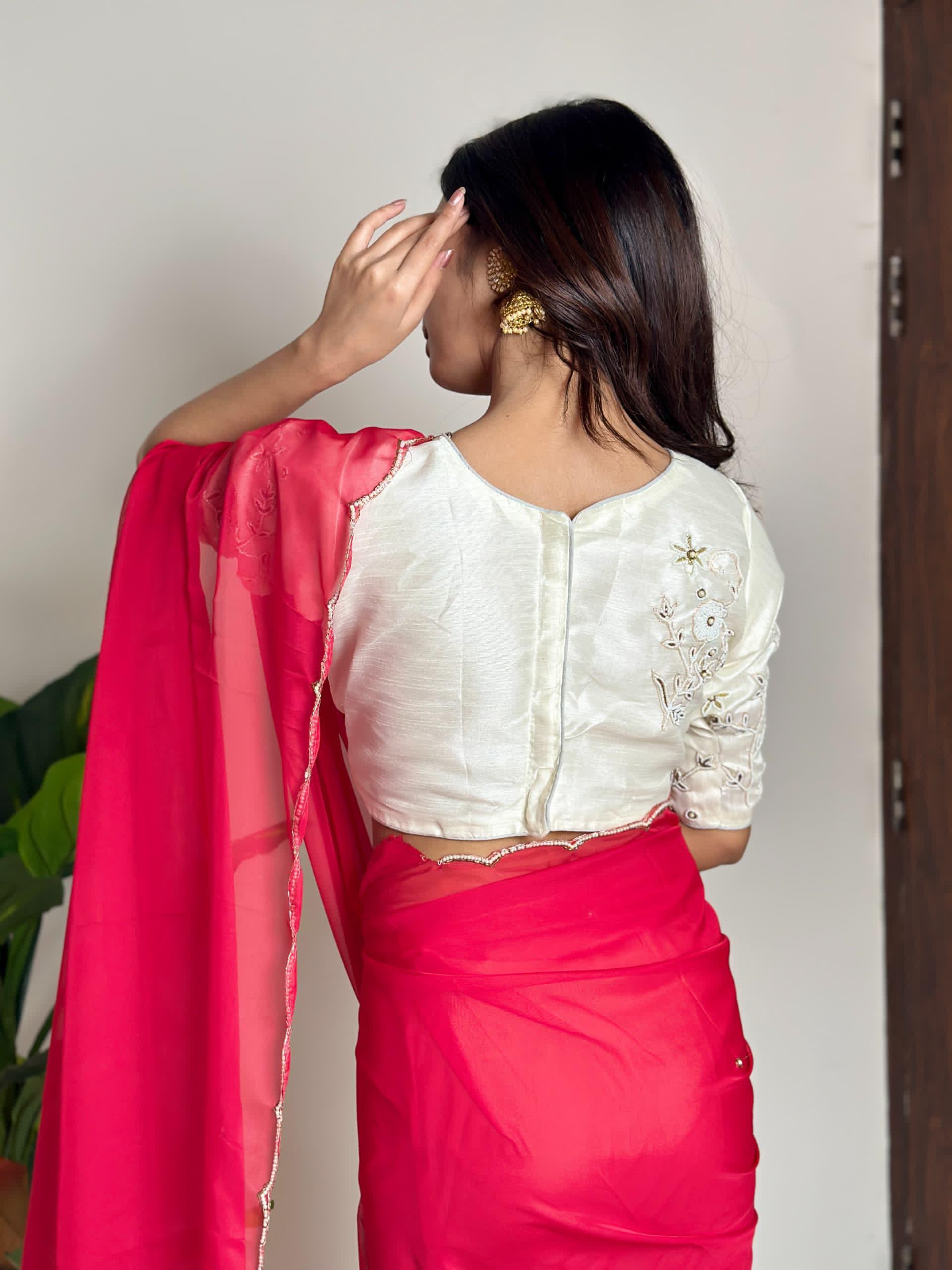 Alluring Soft Organza Saree With Stitched Handworked Blouse - INDIAN ELEGANCE