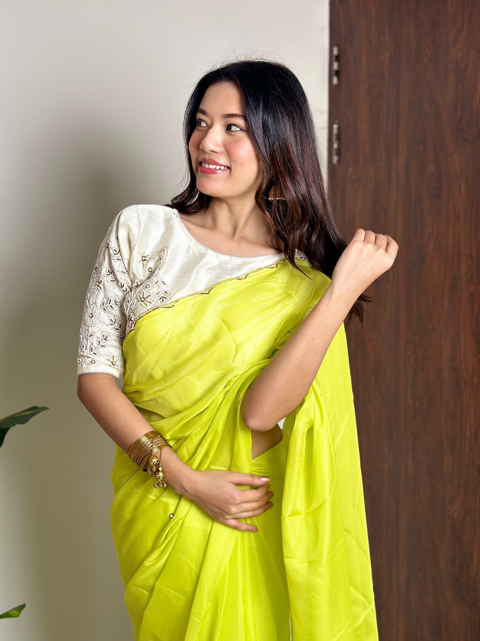 Alluring Soft Organza Saree With Stitched Handworked Blouse - INDIAN ELEGANCE