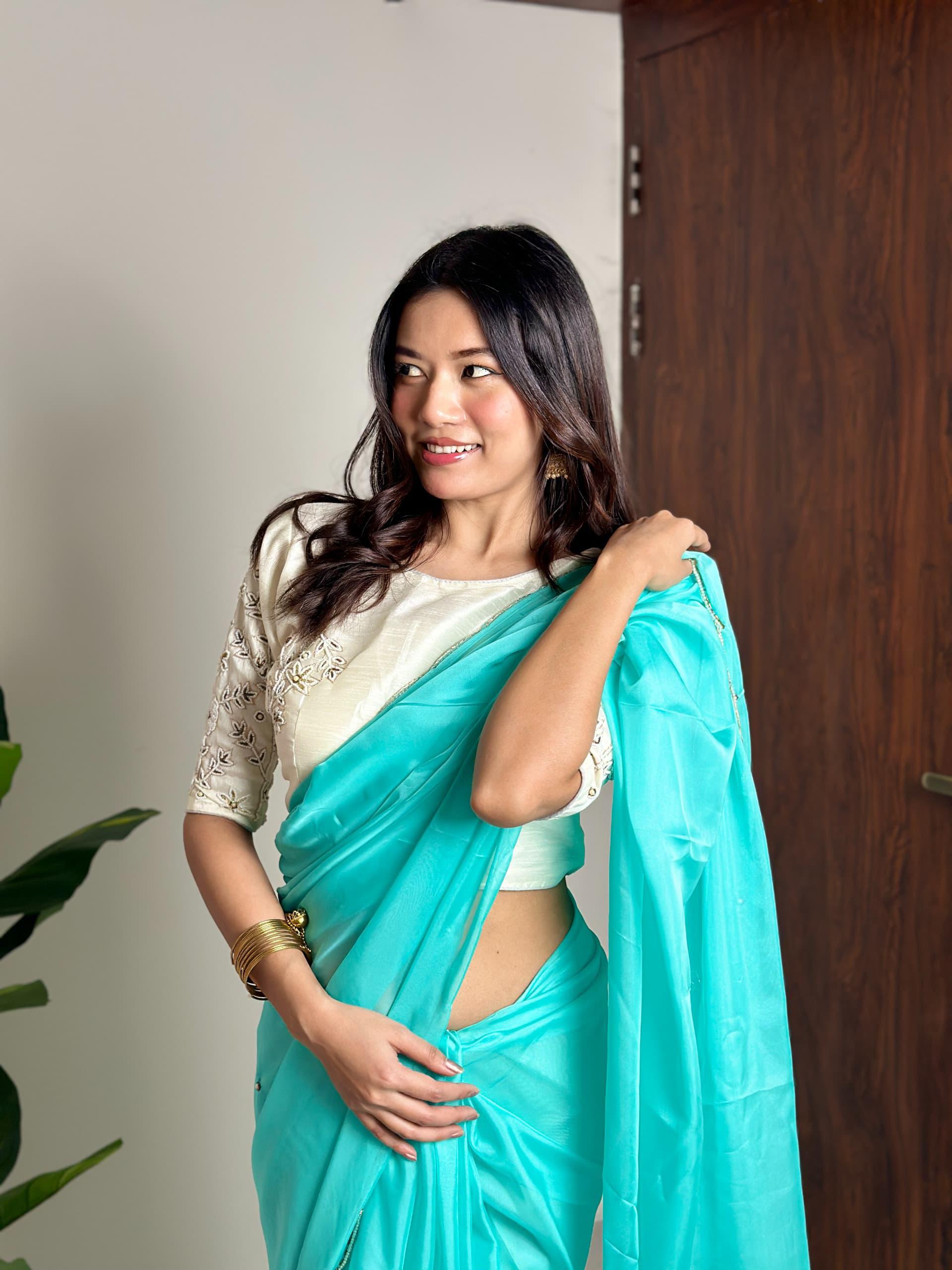 Alluring Soft Organza Saree With Stitched Handworked Blouse - INDIAN ELEGANCE