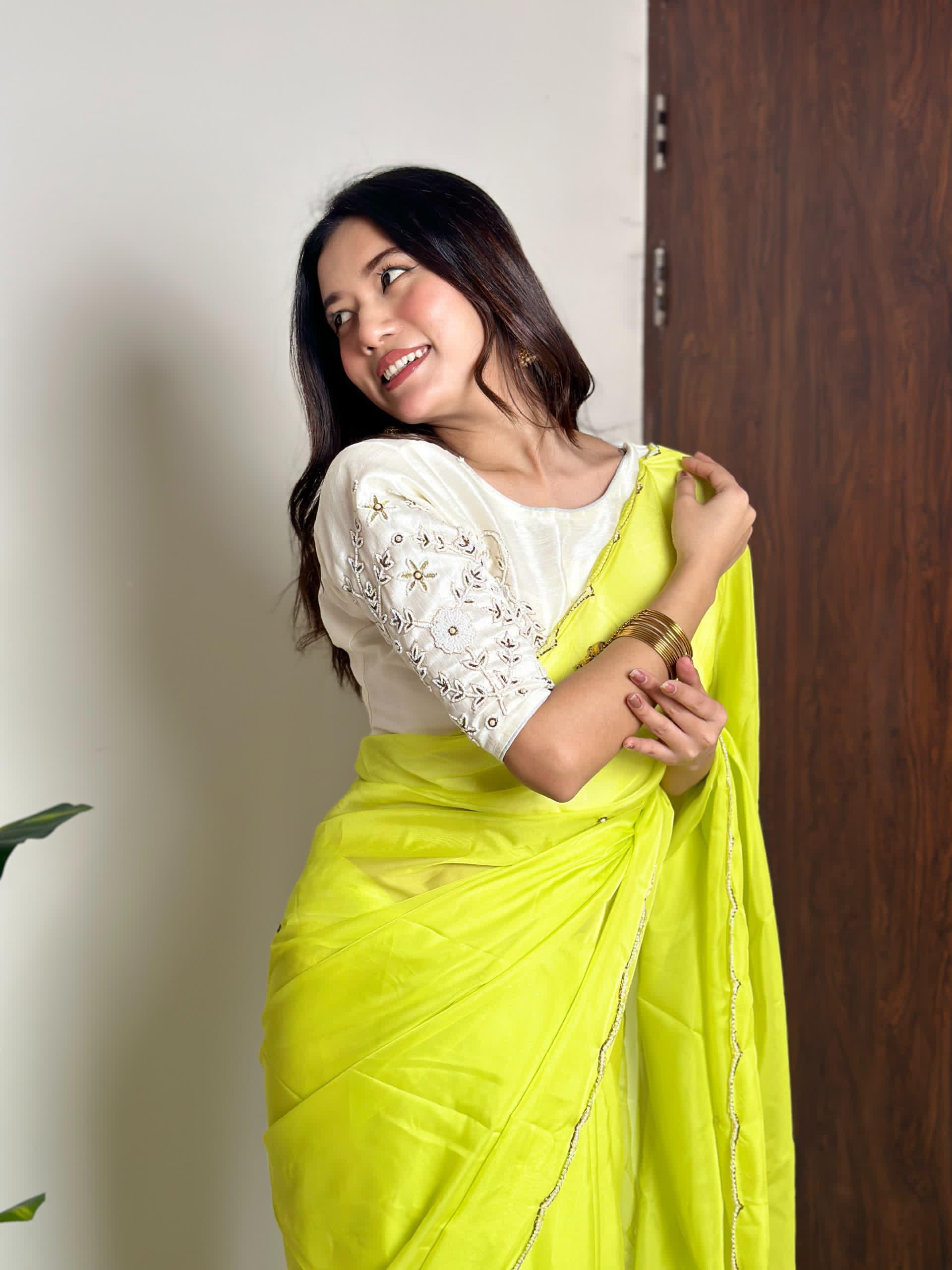 Alluring Soft Organza Saree With Stitched Handworked Blouse - INDIAN ELEGANCE